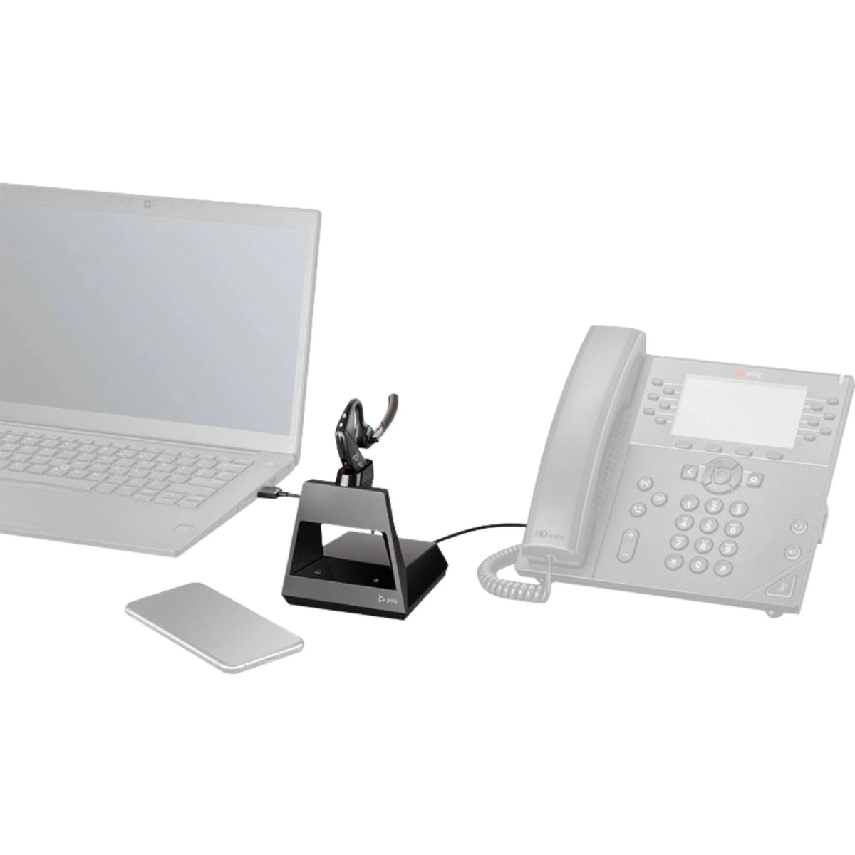 Czarny zestaw słuchawkowy, baza, laptop i telefon na białym tle.