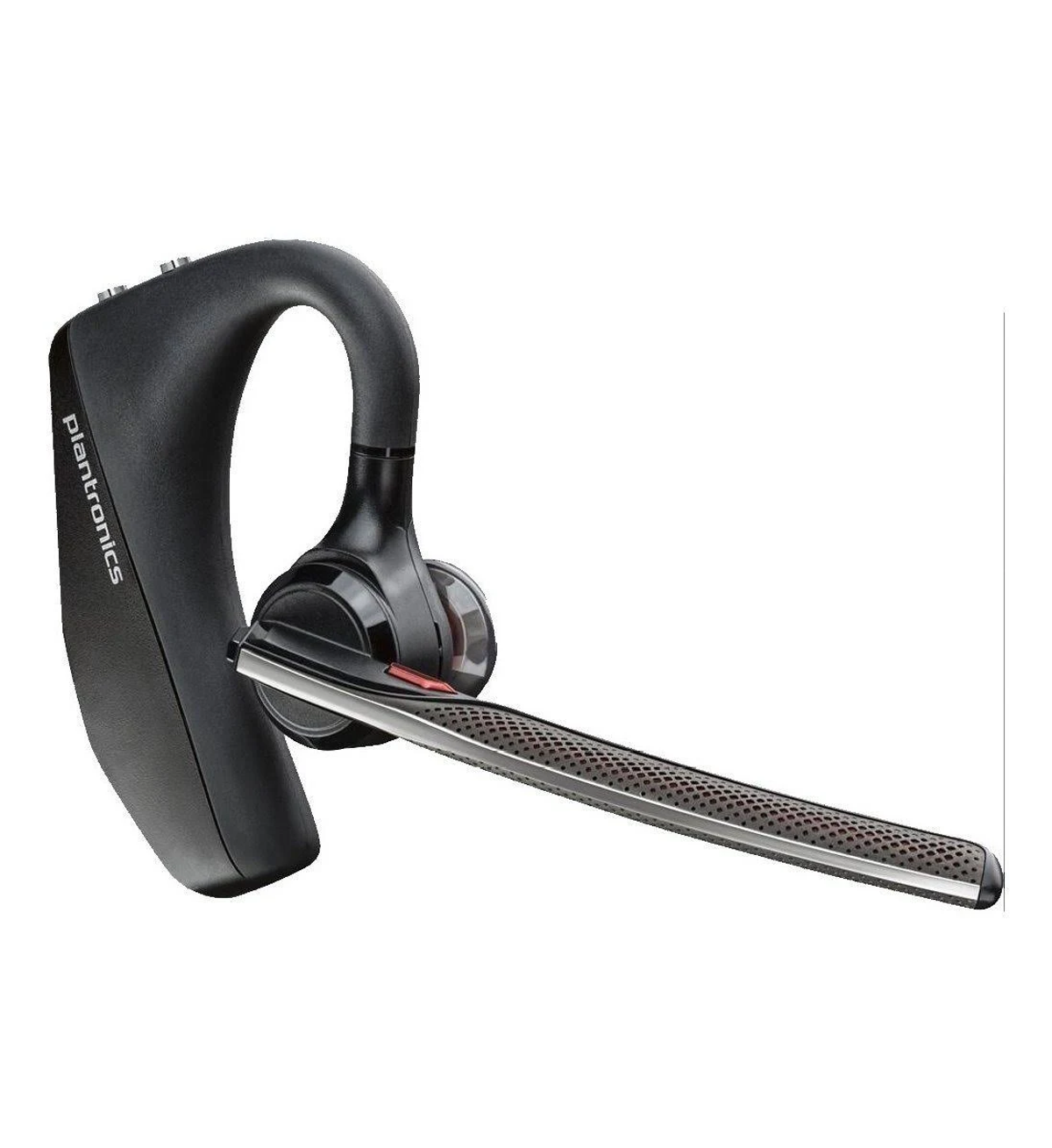 Czarny zestaw słuchawkowy Bluetooth Plantronics, o zakrzywionej konstrukcji i wysięgniku mikrofonu. Widoczne logo.