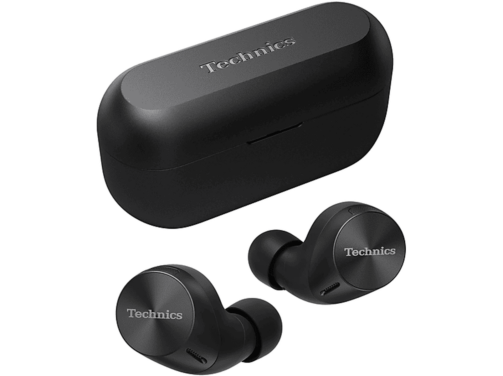 Schwarze Technics-Ohrhörer und Ladeetui auf weißem Hintergrund. Die Ohrhörer und das Etui haben das Technics-Logo.