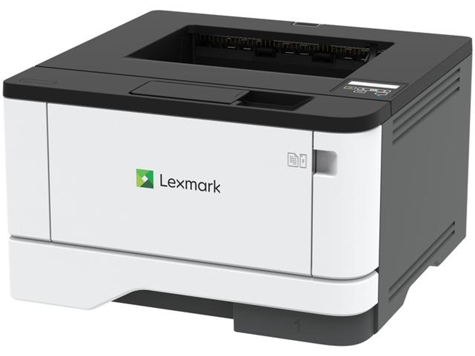 Biało-czarna drukarka Lexmark. Widoczne logo Lexmark.