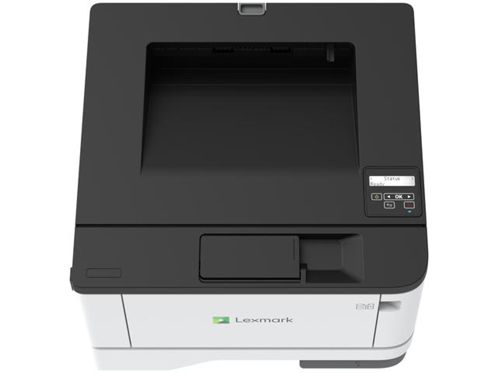 Czarno-biała drukarka Lexmark z wyświetlaczem i podajnikiem papieru.
