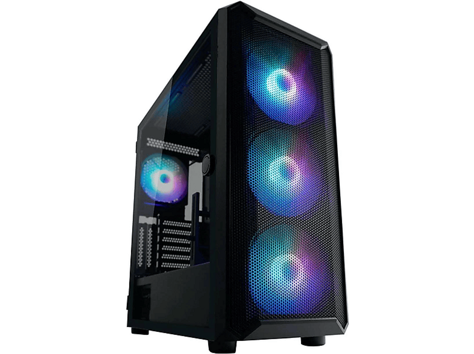 Czarna obudowa komputera z trzema wentylatorami RGB widocznymi przez przedni panel z siatki. Szklany panel boczny.