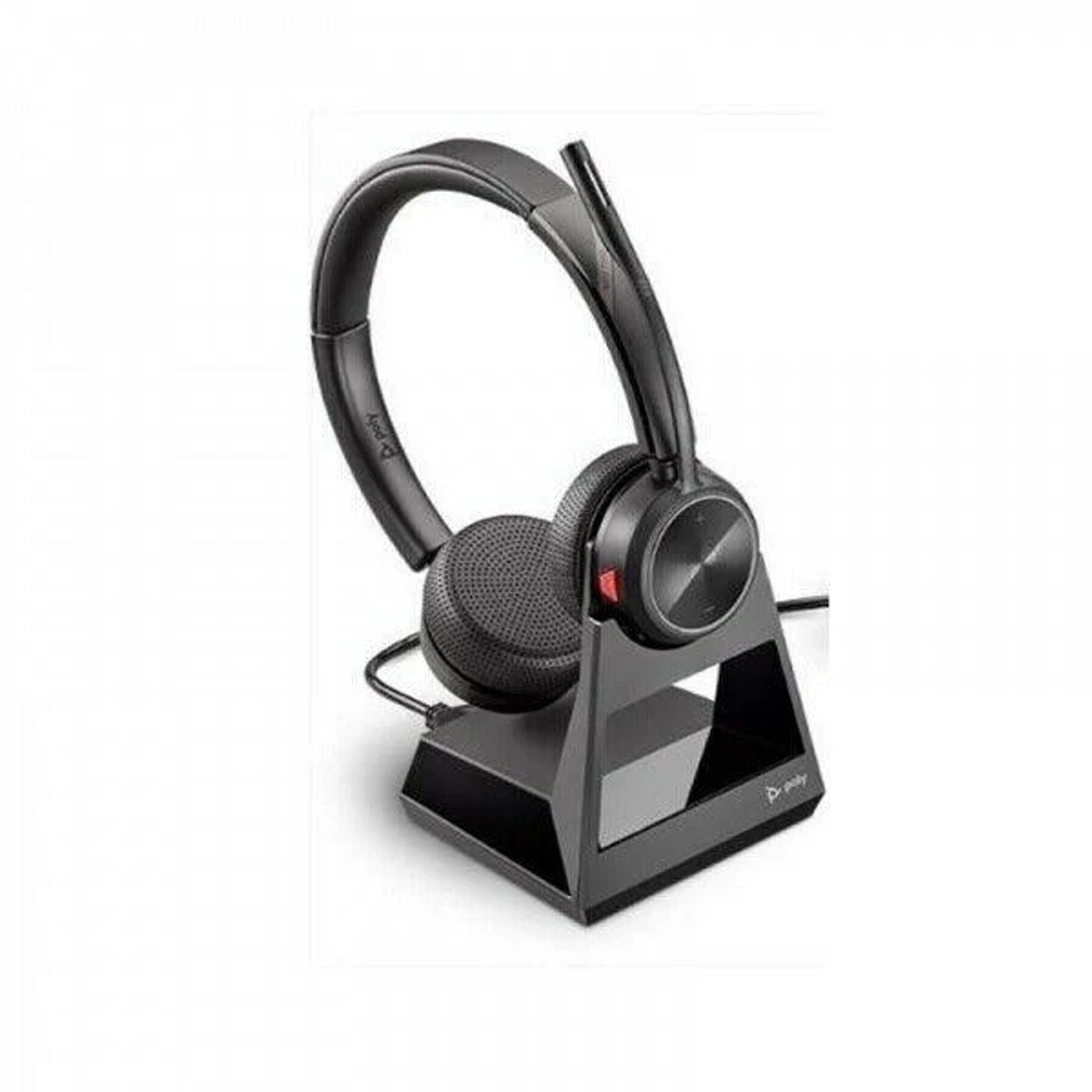 Casque et base de chargement Poly noirs. Le casque a un microphone et un support de chargement. Fond blanc.