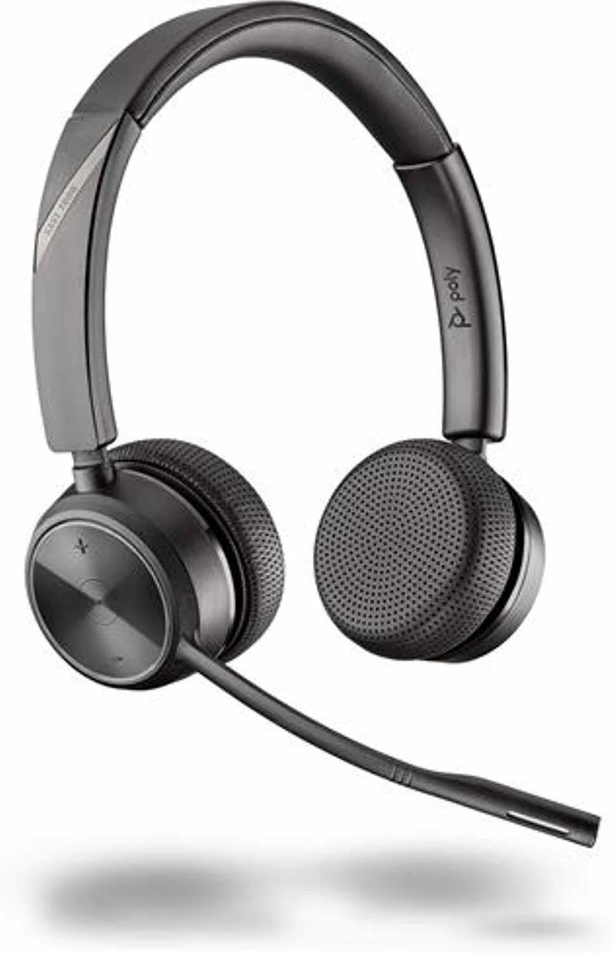 Casque Poly noir avec micro. Accents gris. Fond blanc.