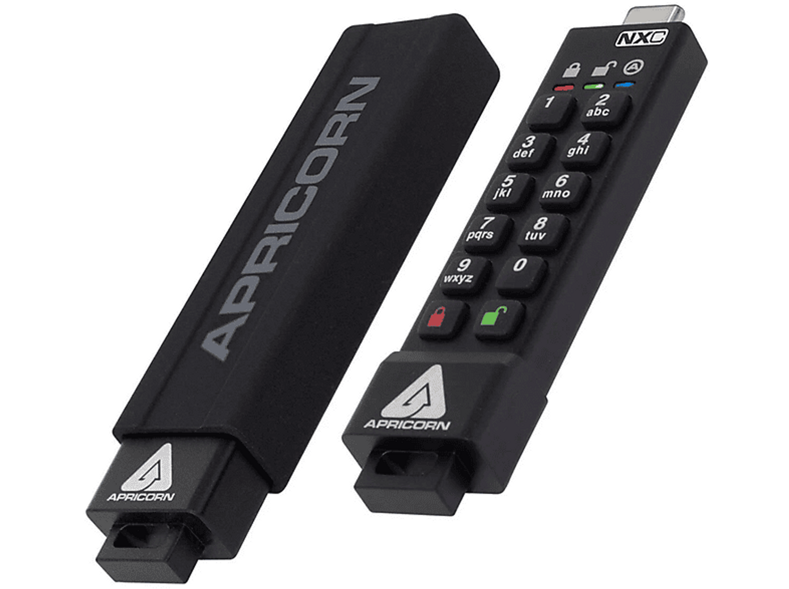 Zwarte Apricorn versleutelde flashdrive met een toetsenbord en logo.