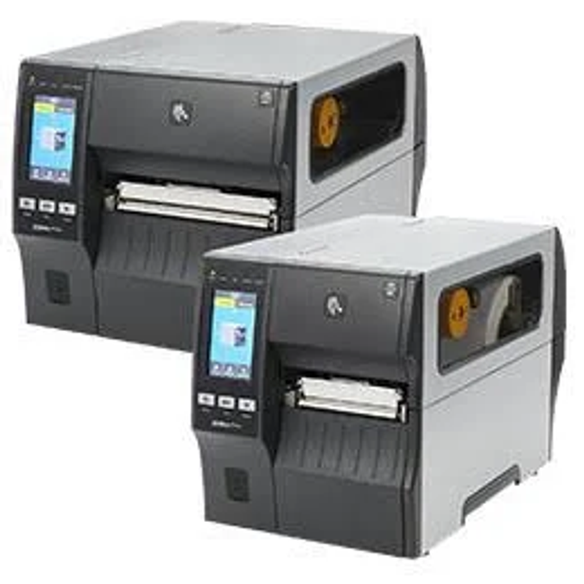 Zwei graue und schwarze Drucker nebeneinander. Sie haben Touchscreens und sichtbare Papierrollen.