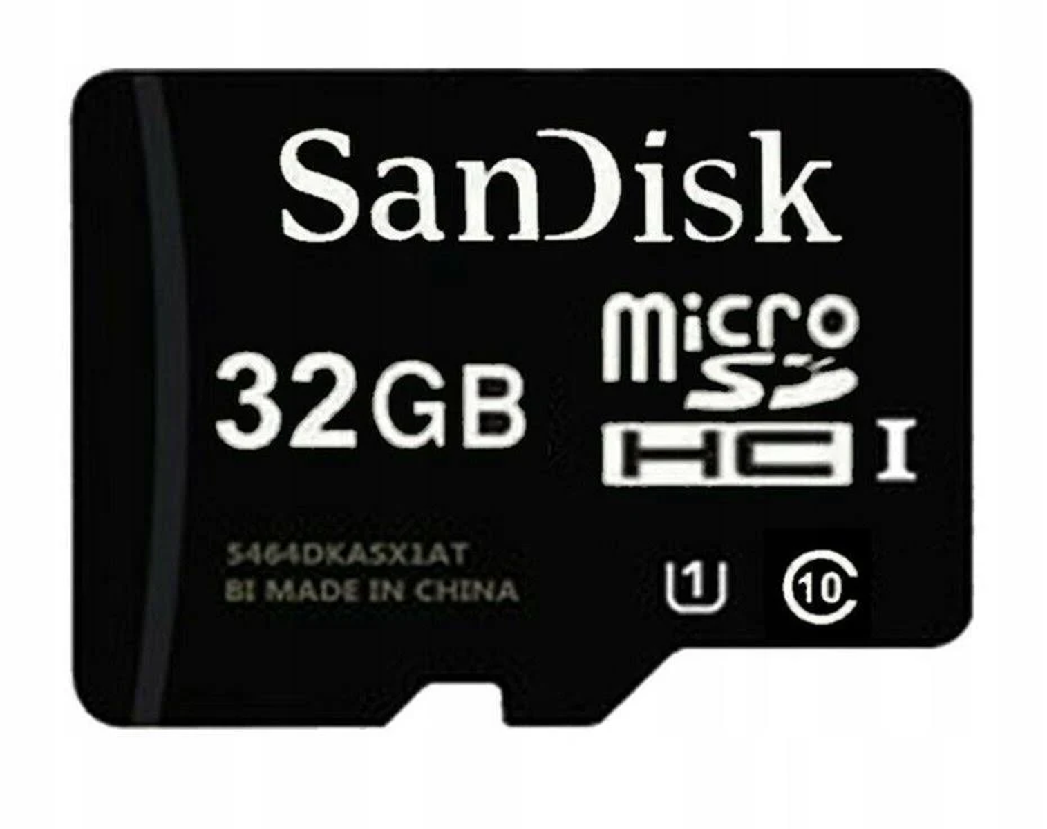 Schwarze Sandisk 32GB Micro SD-Karte mit weißem Text, Details und Logo.