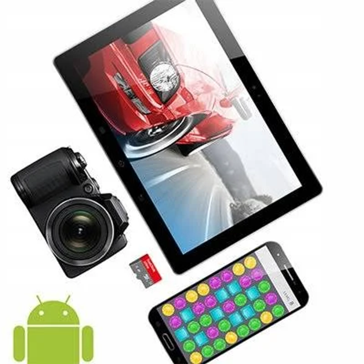 Tablet, Kamera, SD-Karte und Telefon mit farbenfrohem Spiel.