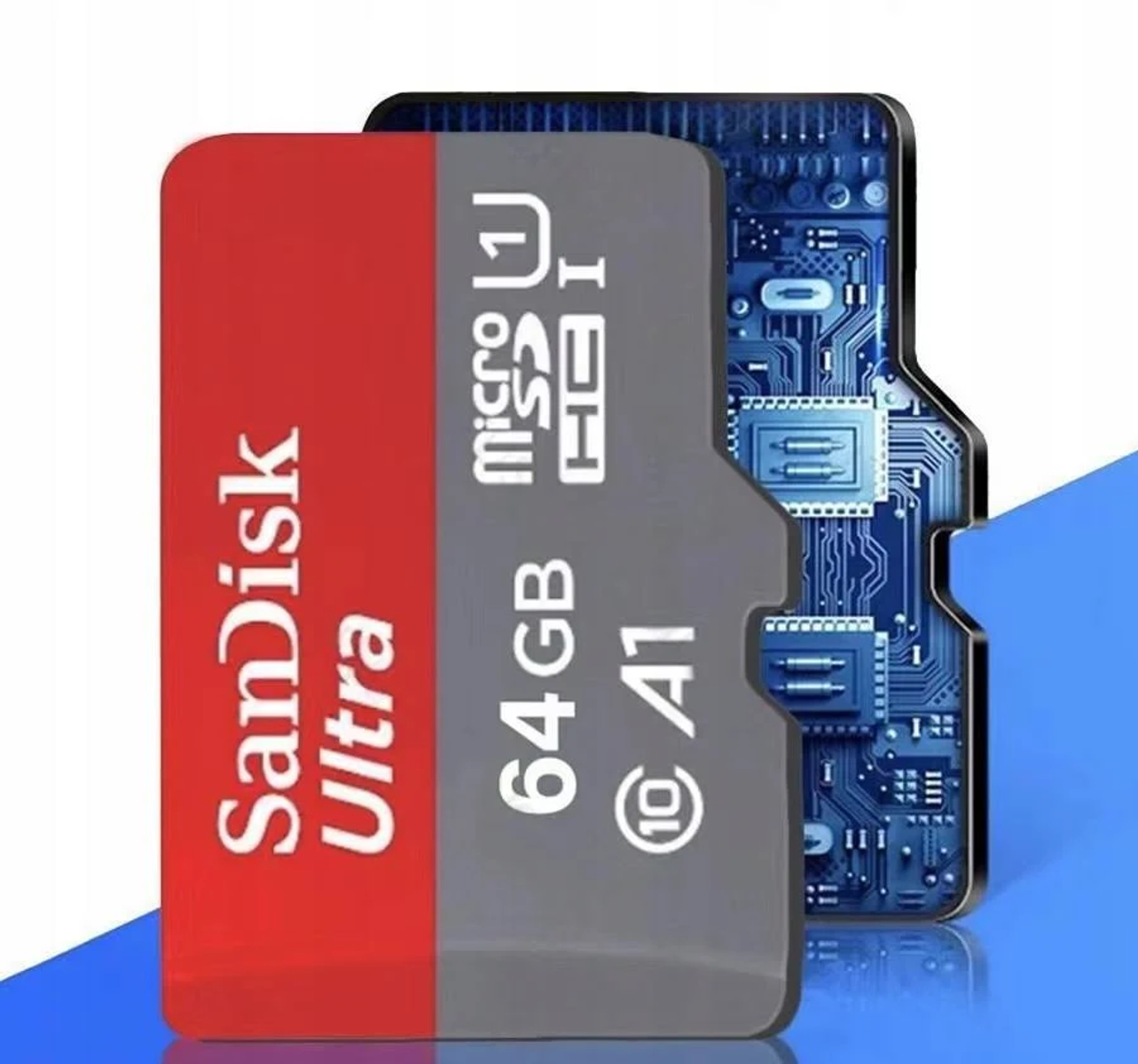 Eine rot-graue SanDisk Ultra microSD-Karte mit 64 GB Kapazität.