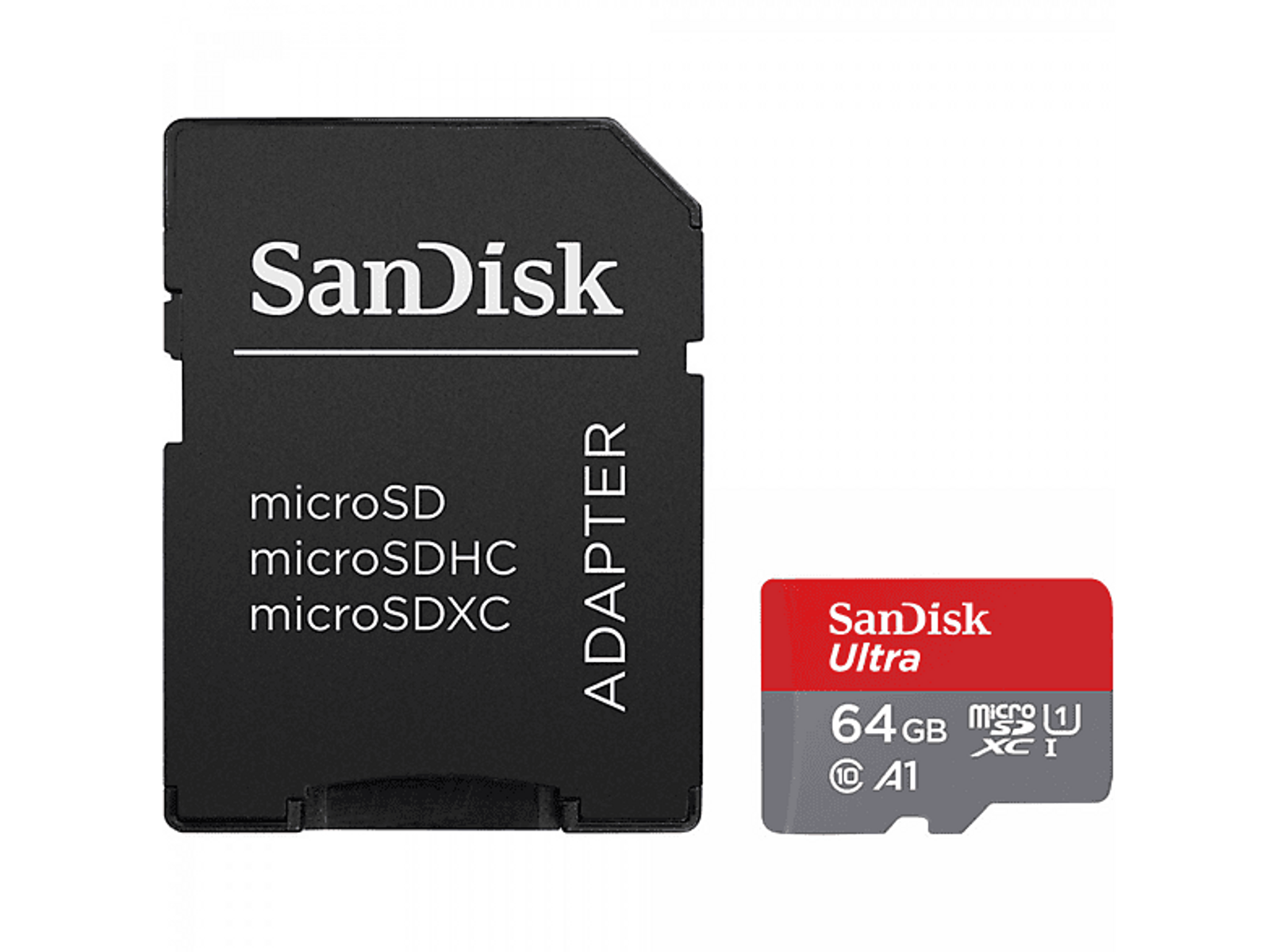 Schwarzer SD-Kartenadapter mit einer Sandisk-Karte daneben. Die Karte ist rot und schwarz.