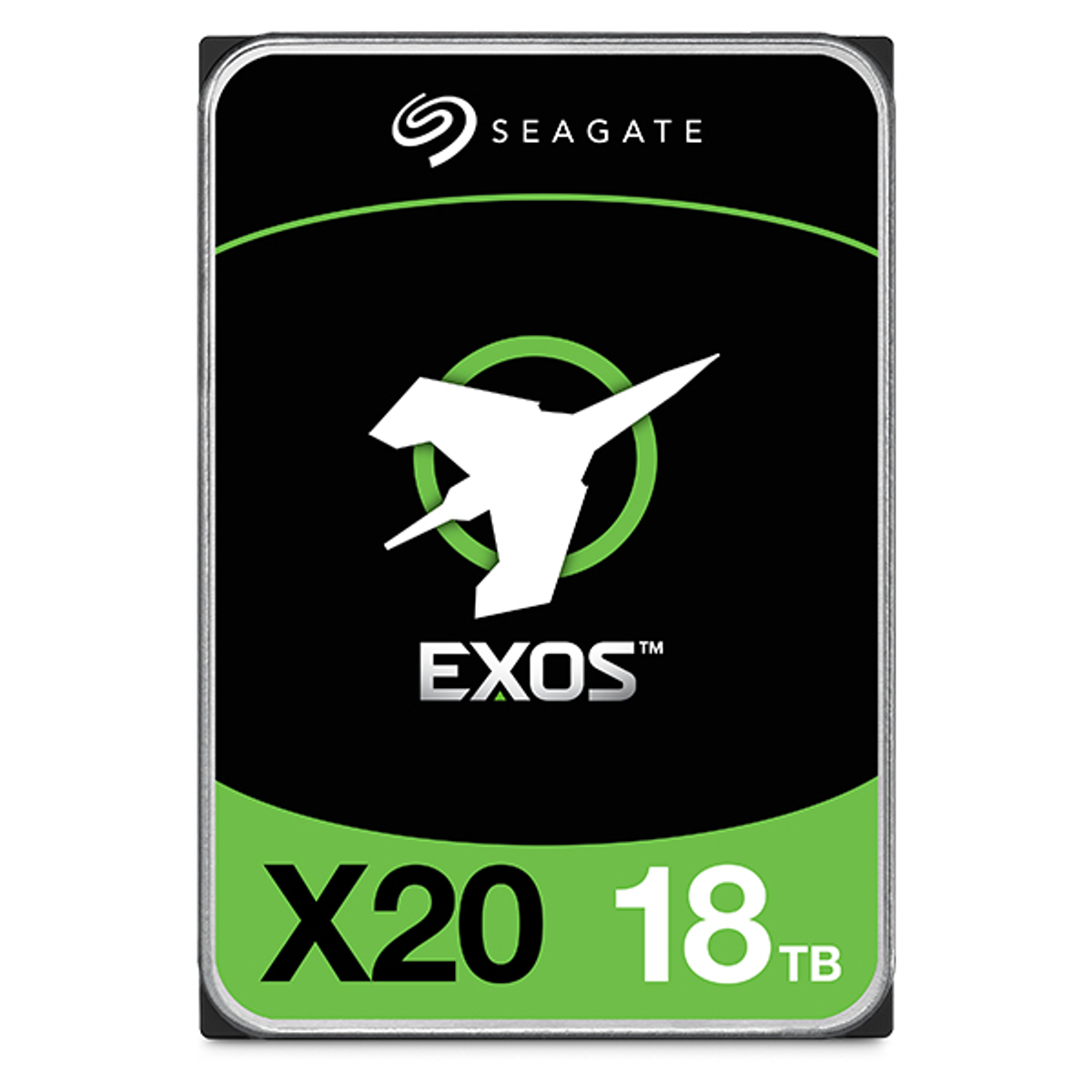 Seagate EXOS X20 18TB Festplatte. Das Etikett ist schwarz und grün. Das Laufwerk befindet sich in einem Metallgehäuse.
