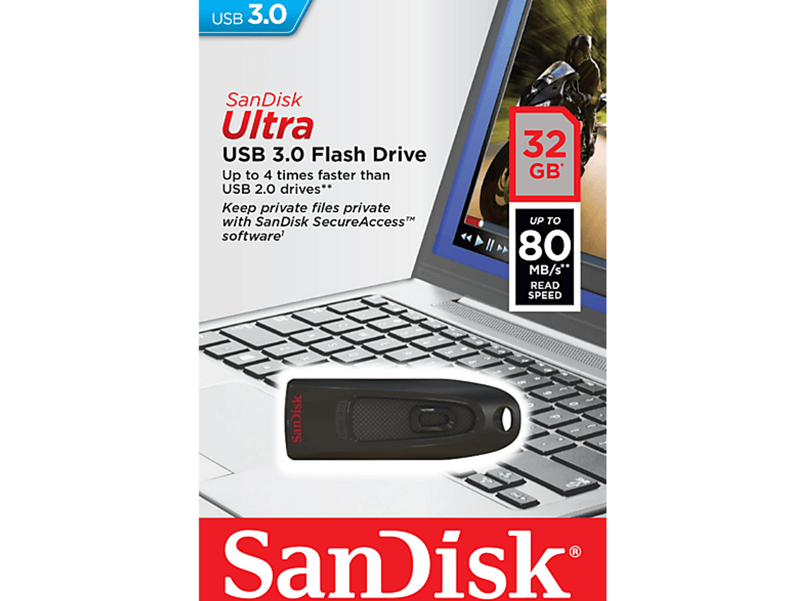 Pamięć flash USB na klawiaturze laptopa. Tekst i grafika wskazują 32 GB i do 80 MB/s prędkości odczytu.