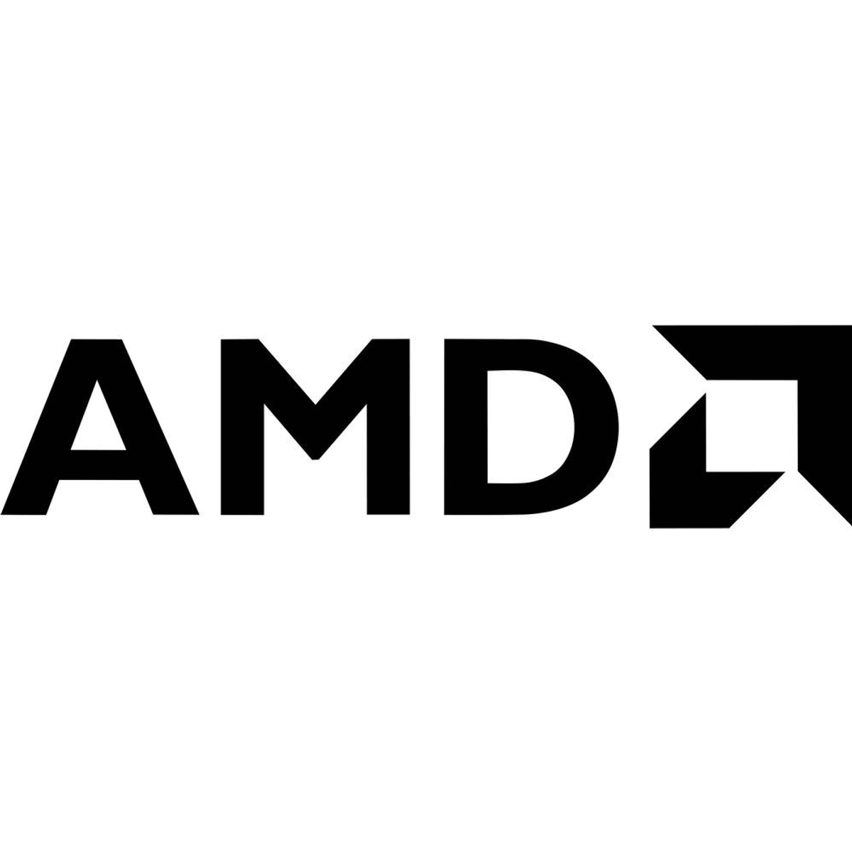 Logo AMD in bianco e nero. Lettere in grassetto e stilizzate con dettaglio ad angolo retto.