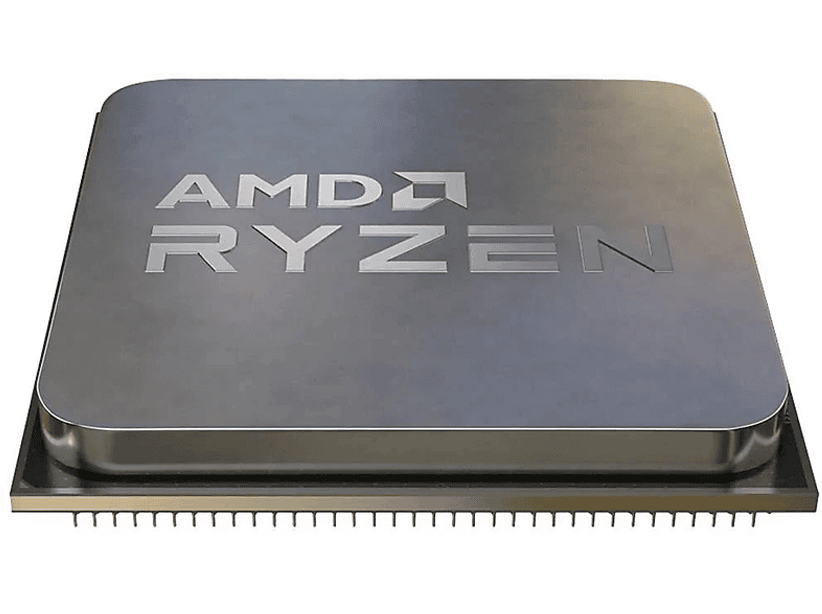 Una CPU AMD Ryzen con parte superiore argentata e testo AMD Ryzen.