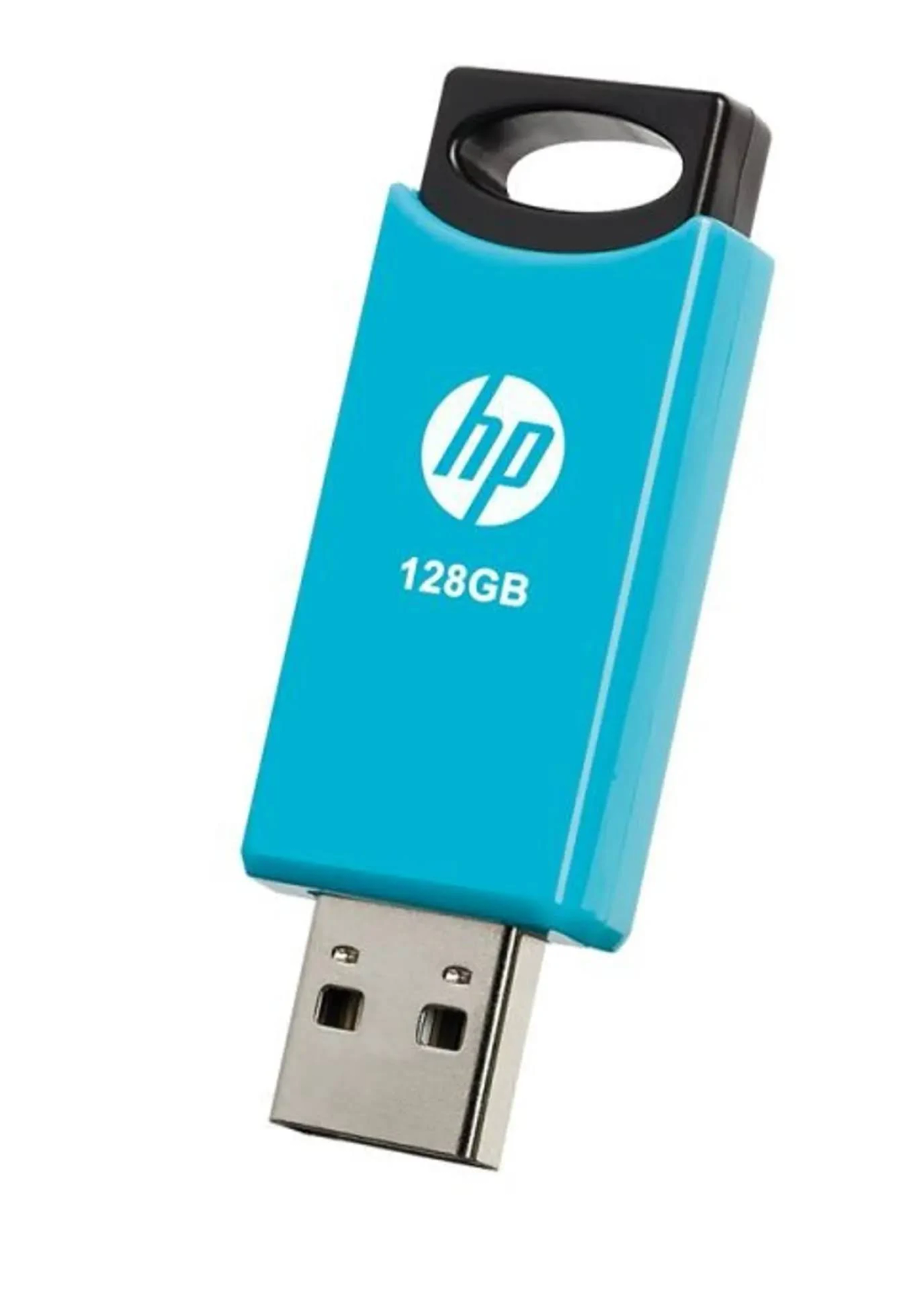 Blauer HP 128GB USB-Stick. Der Stick hat eine schwarze Schlaufe zum Anbringen an Schlüsselanhängern oder Lanyards.