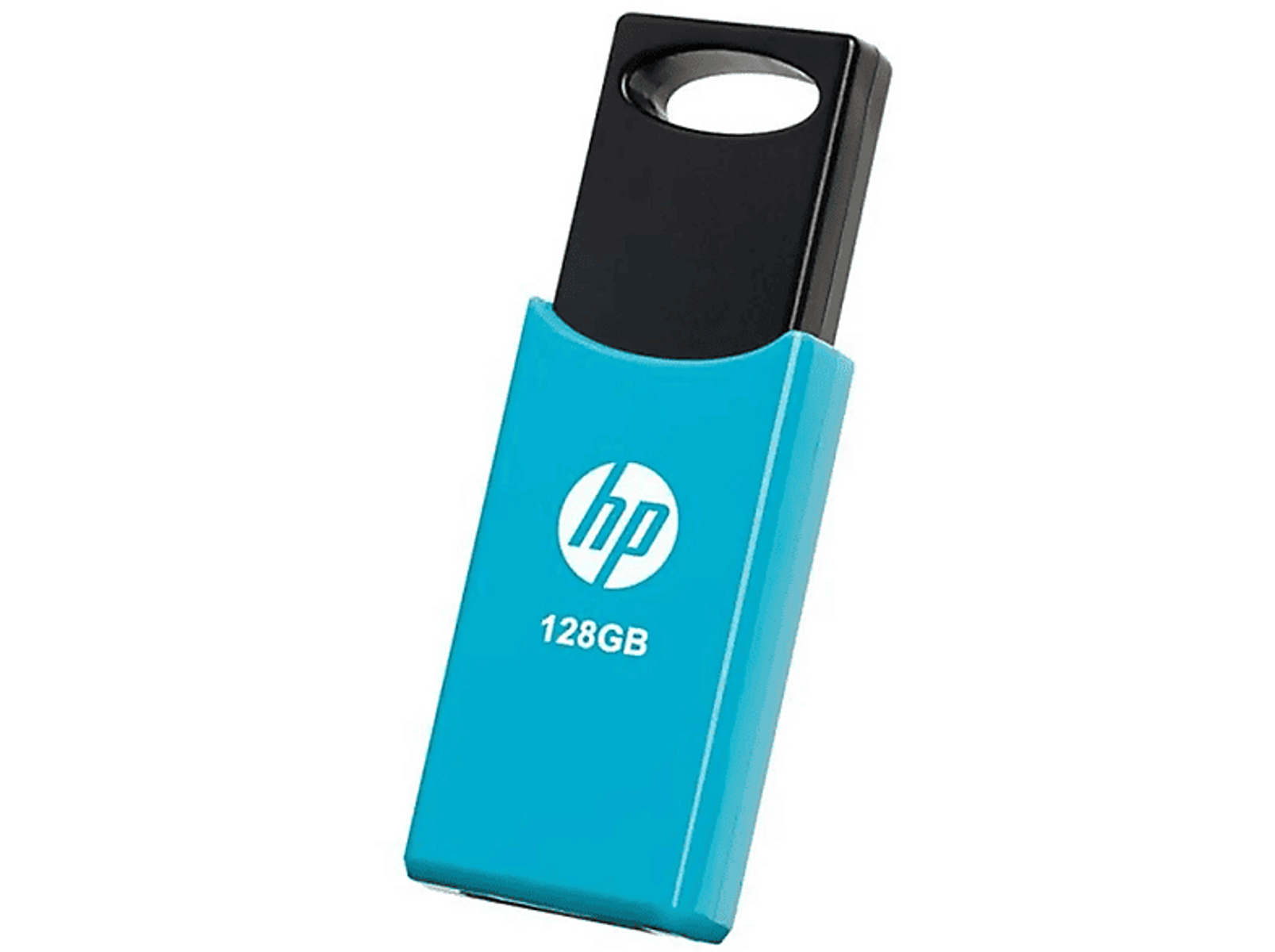 Blauer HP USB-Stick mit weißem HP-Logo und 128 GB Text. Schwarze Kappe, weißer Hintergrund.