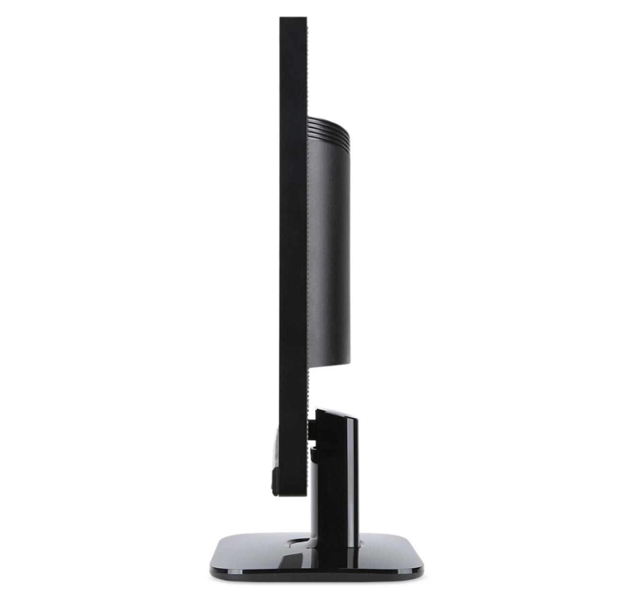 Czarny monitor komputera, widok z boku, na czarnej podstawie. Białe tło.