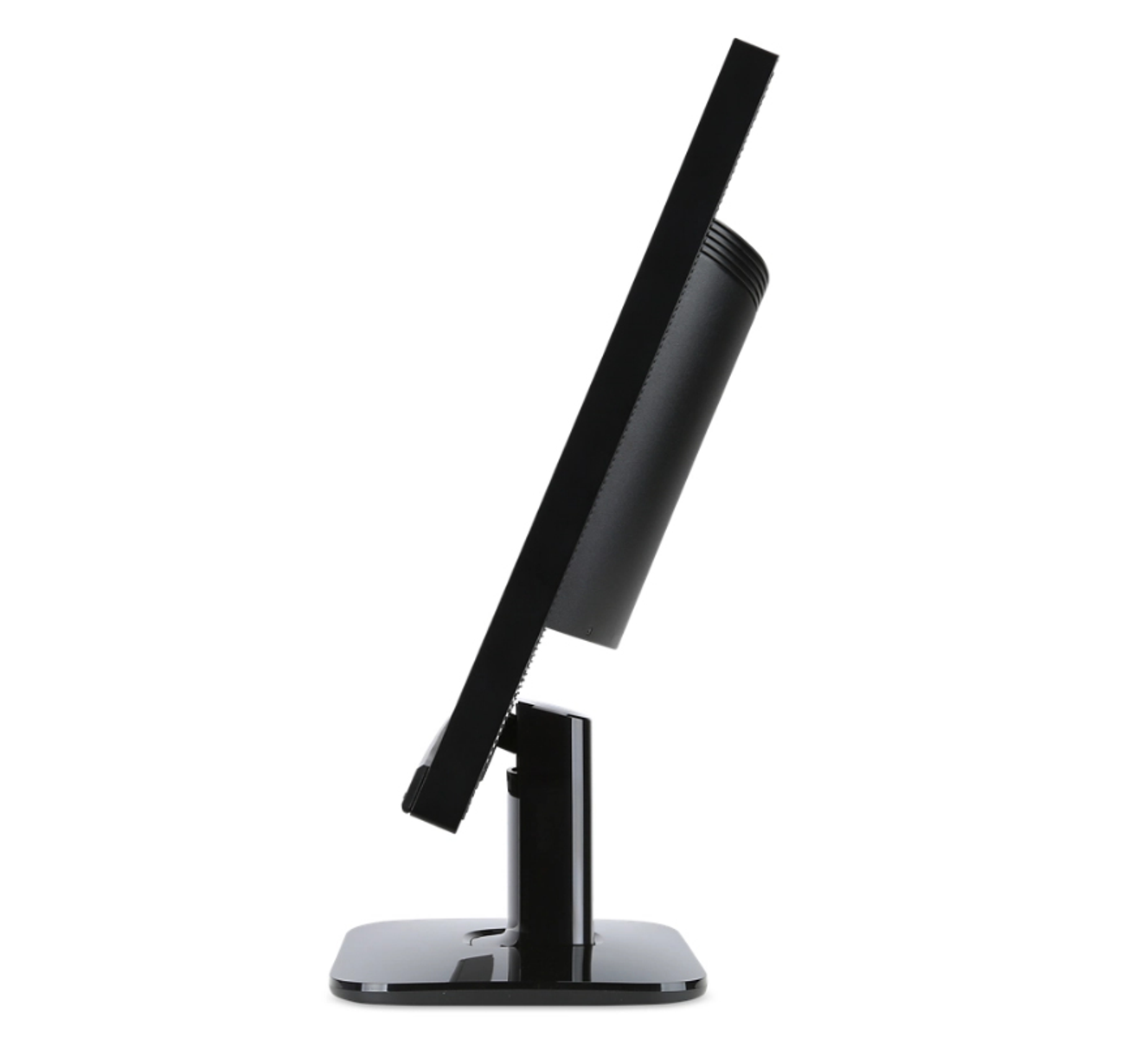 Czarny monitor komputera, widok z boku pod kątem, na czarnej podstawie. Białe tło.