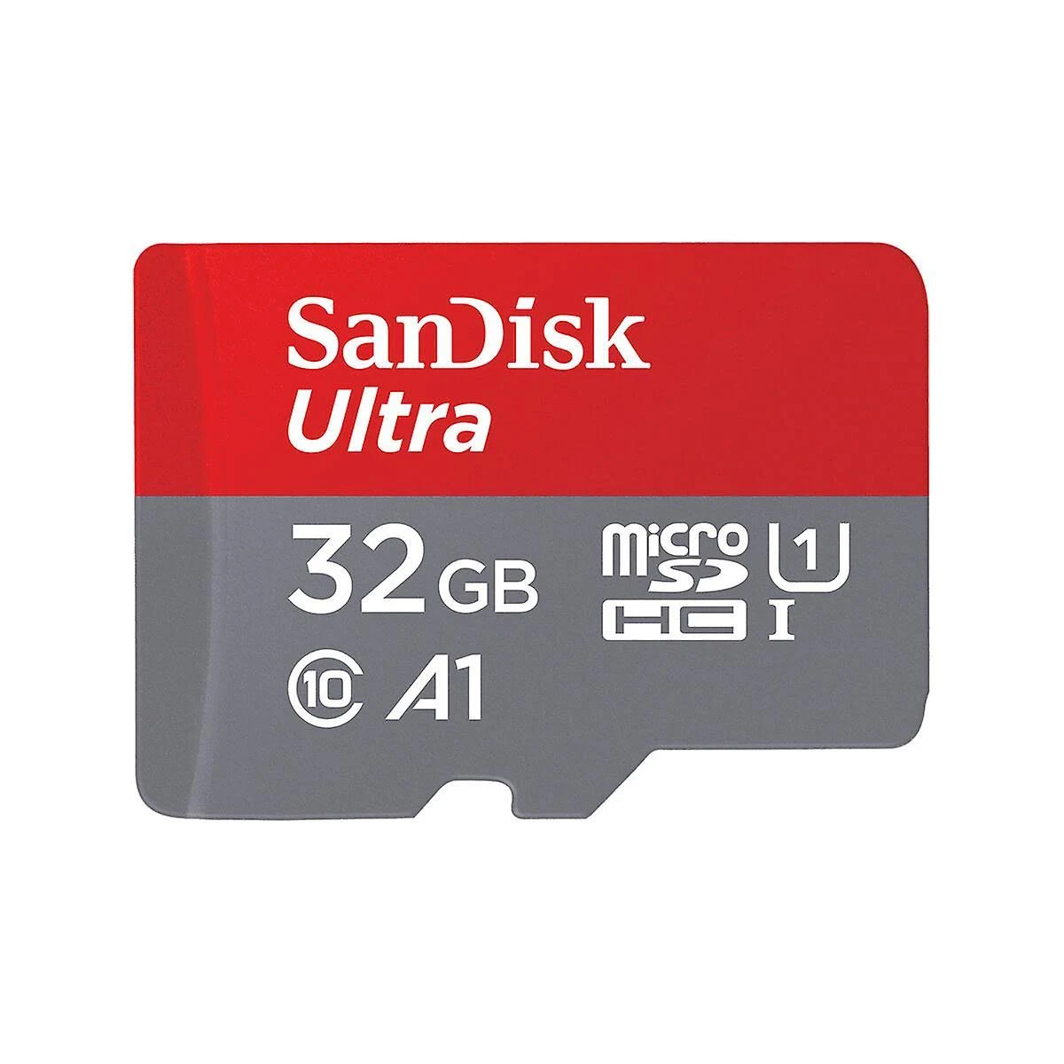 Rote und graue SanDisk Ultra MicroSD-Karte mit Text. Sie hat 32 GB, A1 und Micro SDHC-Markierungen.