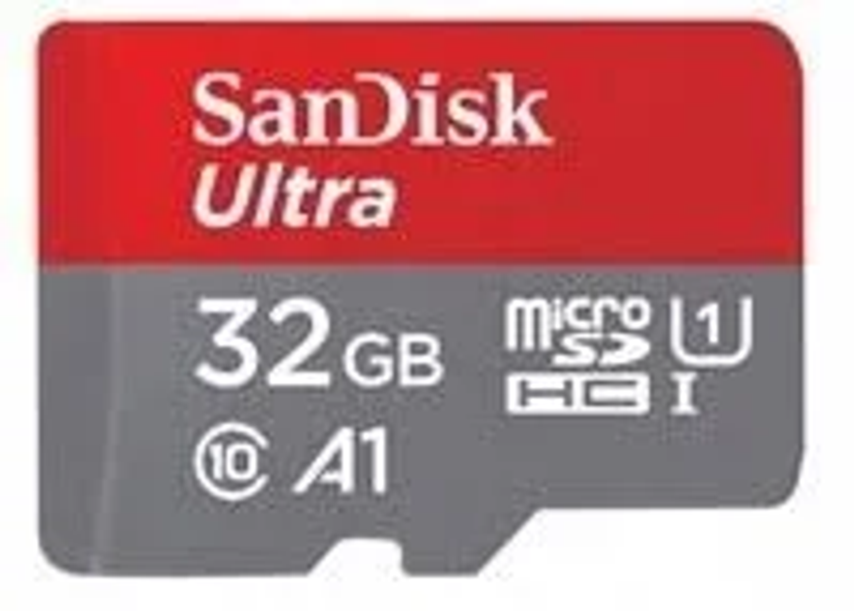 Eine rote und graue SanDisk Ultra microSD-Karte mit Text und Zahlen auf weißem Hintergrund.