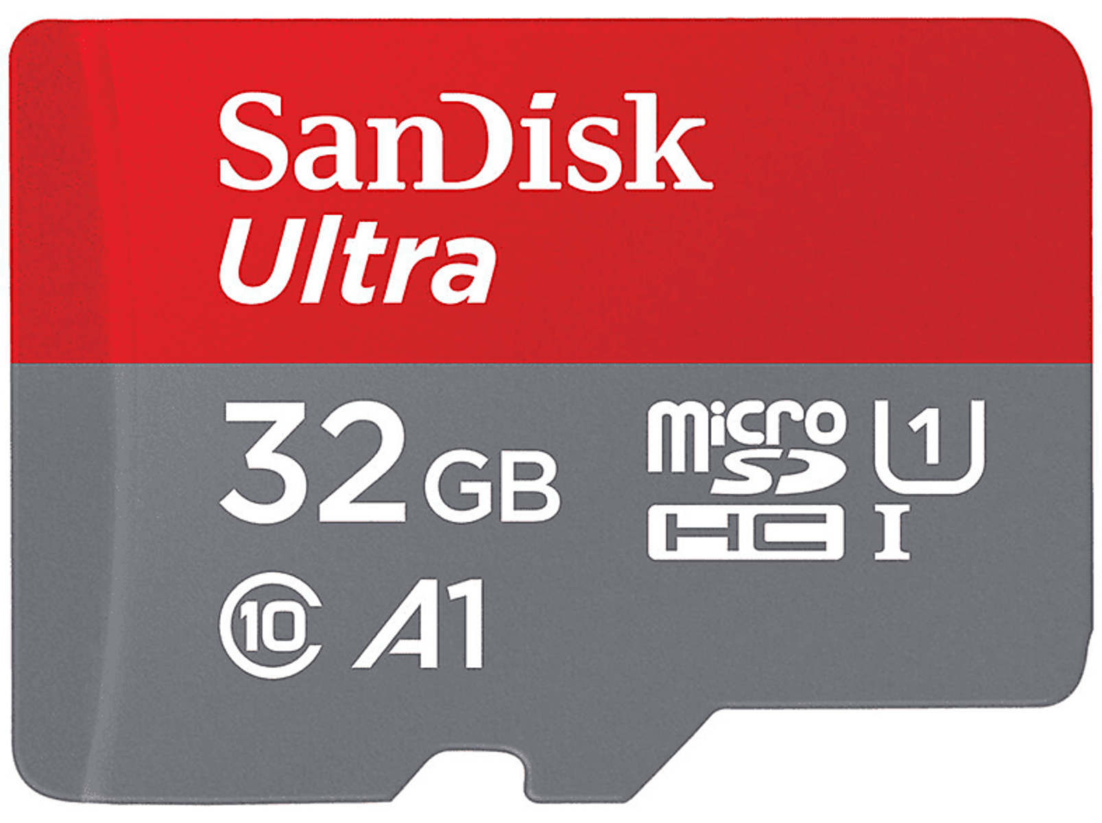 SanDisk Ultra 32GB microSD Karte. Roter Deckel, grauer Boden, weißer Hintergrund.