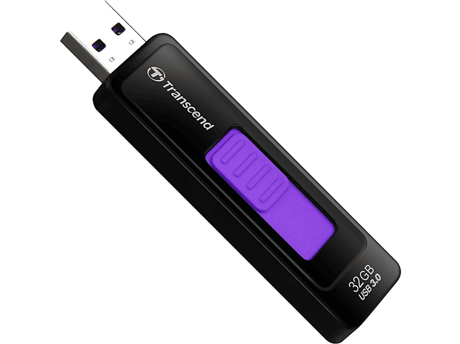 Czarny i fioletowy pendrive z logo "Transcend". Posiada złącze USB na końcu.