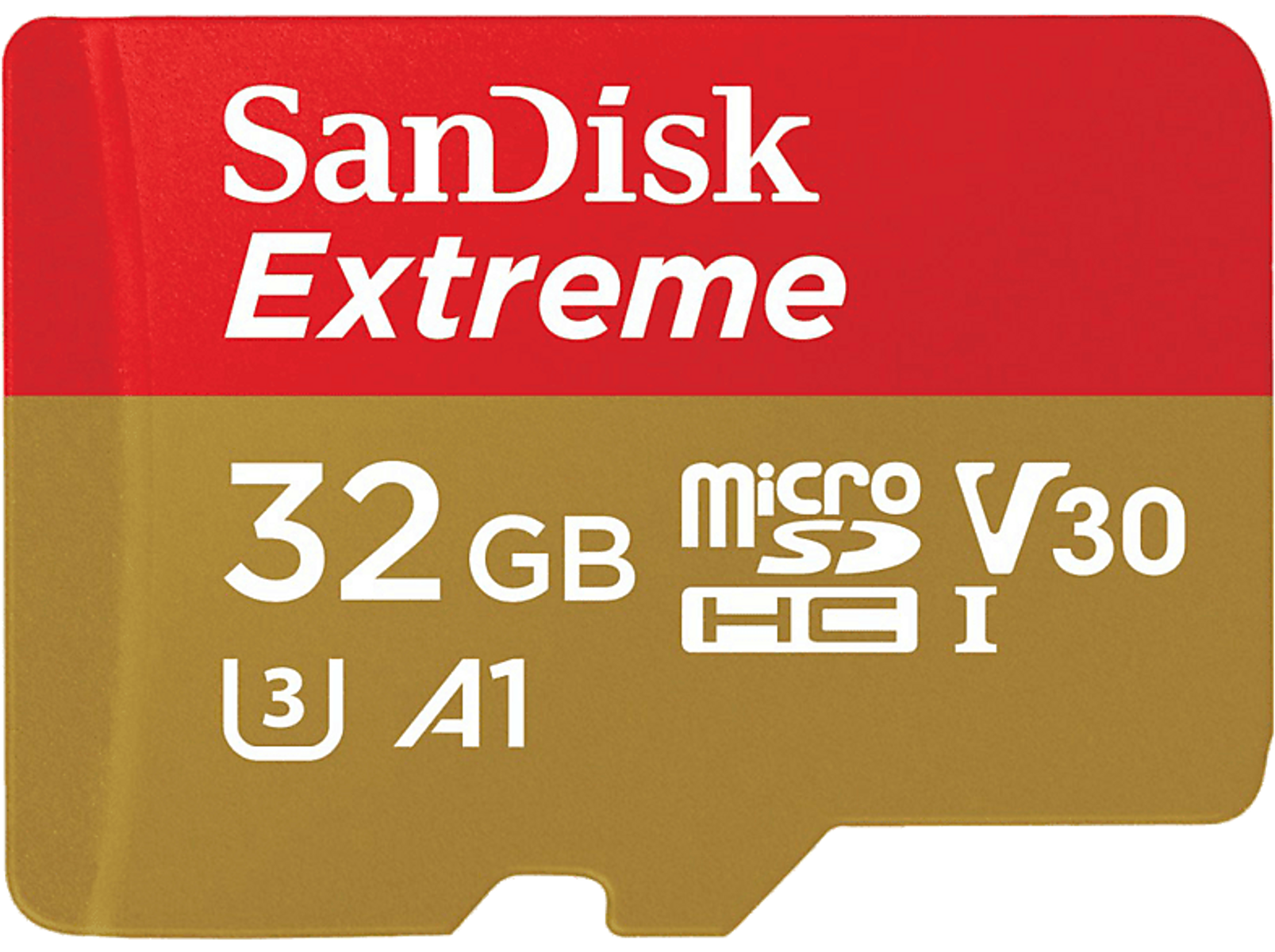 SanDisk Extreme microSD-Karte. Rote und goldene Farben. Text und Zahlen sind darauf gedruckt.