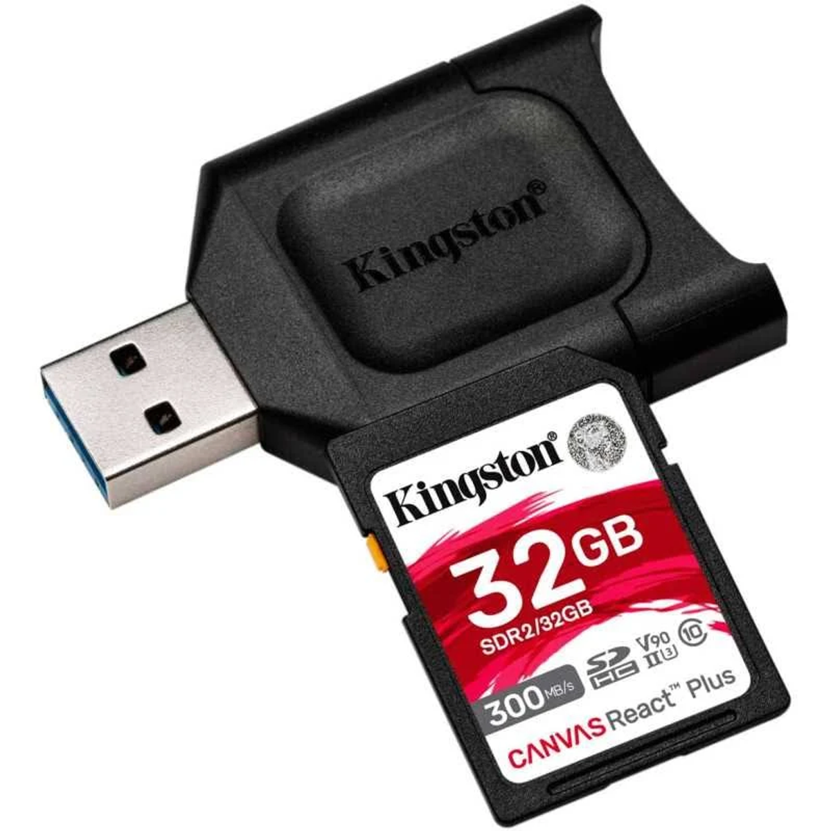 Tarjeta SD Kingston de 32 GB con lector de tarjetas. Negro y rojo. Fondo blanco.