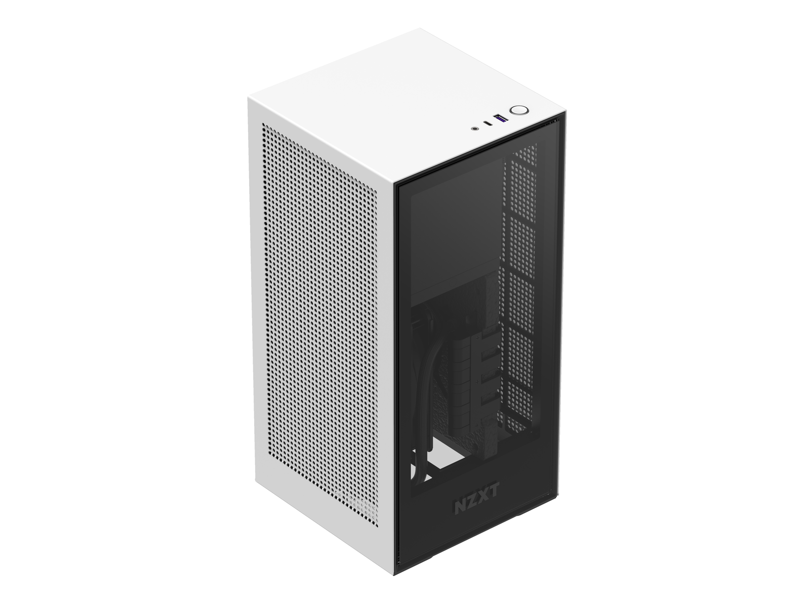 Weißes Computergehäuse mit schwarzen Akzenten, Glas-Seitenwand und NZXT-Branding.