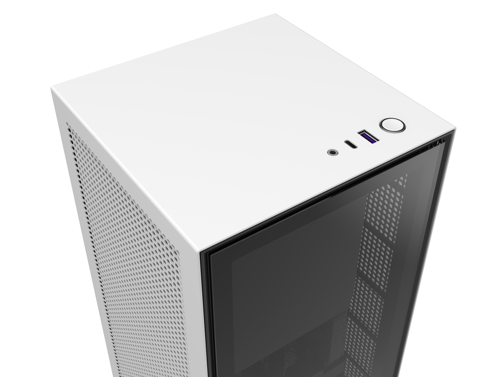 Weiße PC-Gehäuse-Draufsicht. Perforierte Seitenwand, Ein-/Aus-Taste und USB-Anschluss sichtbar.