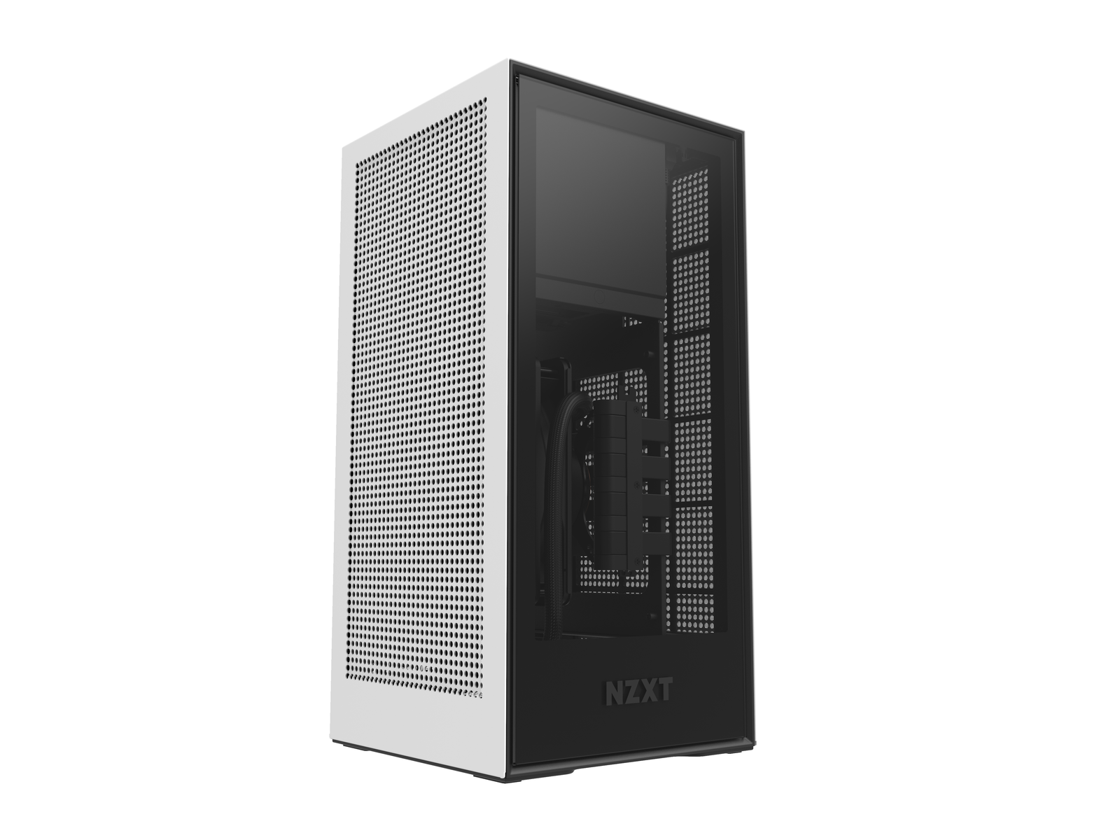 Weißes und schwarzes NZXT-Computergehäuse. Die Front hat ein Mesh und eine Glas-Seitenwand.