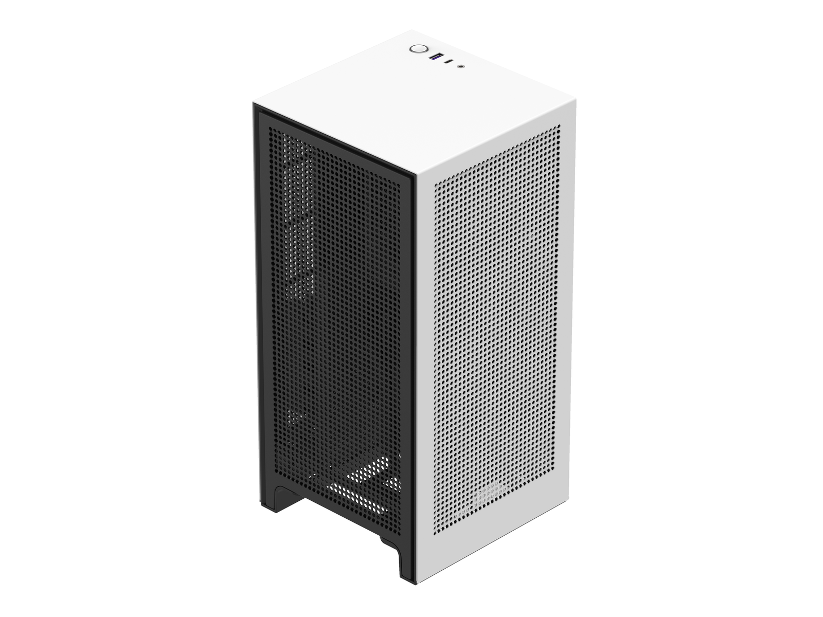 Weißes Computergehäuse mit schwarzem Mesh-Panel an der Seite und einem kleinen oberen Panel.
