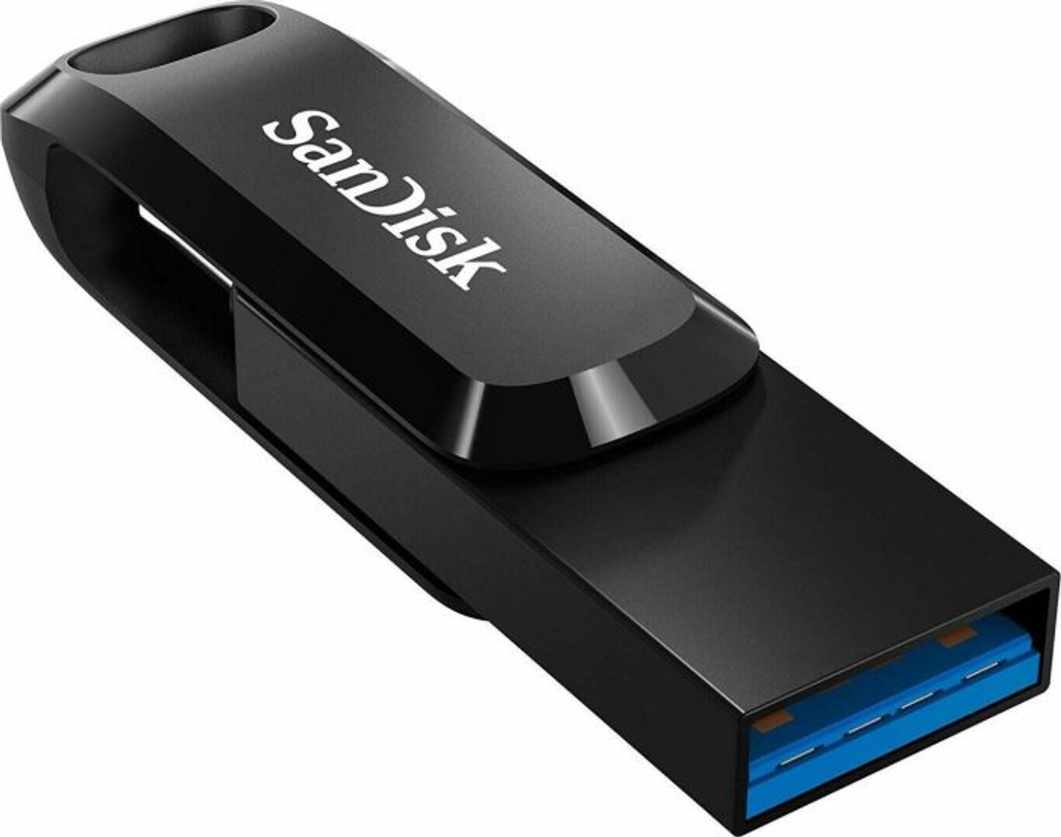 Unidad USB SanDisk negra con logotipo blanco. Tiene una tapa negra y un conector USB azul.