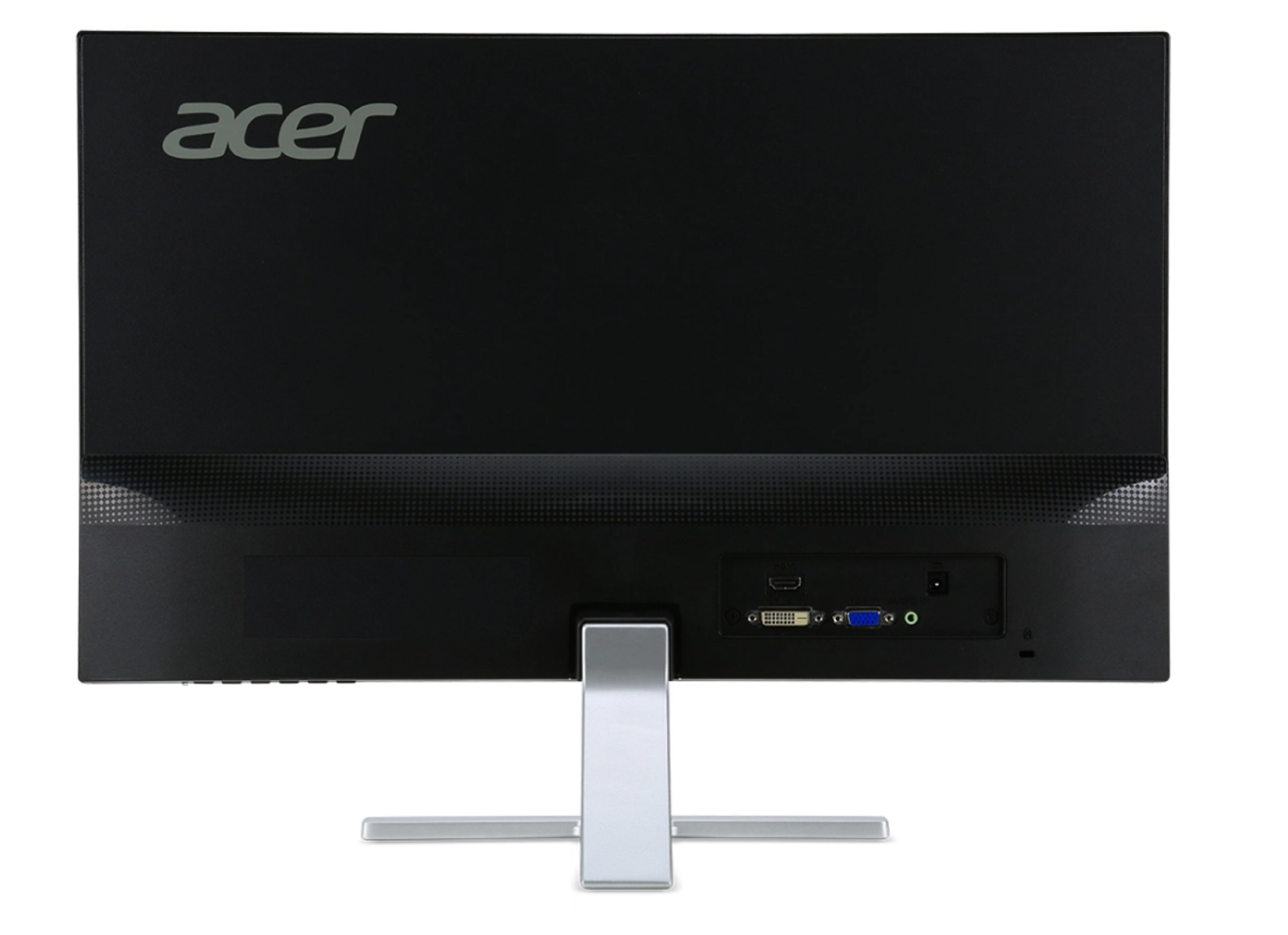 Parte trasera de un monitor Acer negro. Tiene un soporte plateado y varios puertos de conectividad en la parte trasera.