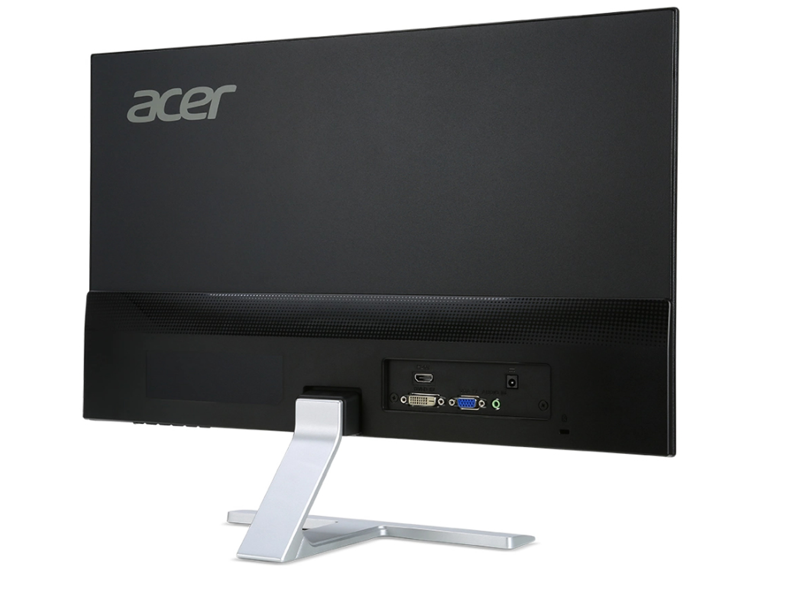 Vista trasera del monitor Acer negro con puertos y soporte, logo Acer arriba a la izquierda.