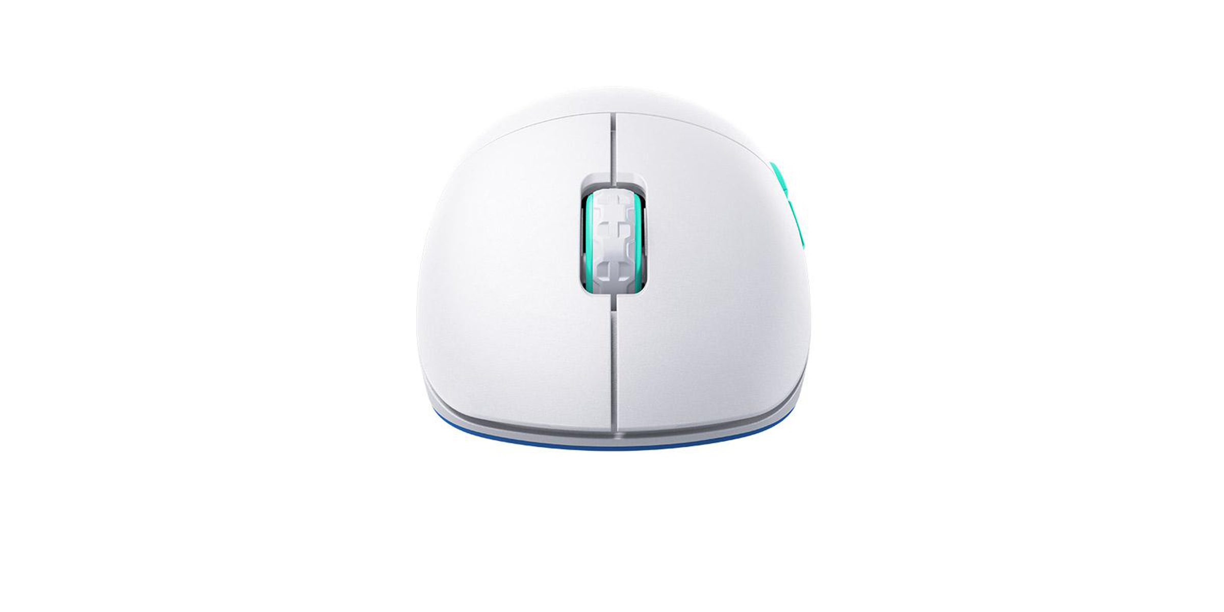 Een witte computermuis. Het heeft een scrollwiel en twee knoppen. De zijkanten hebben een blauw accent.
