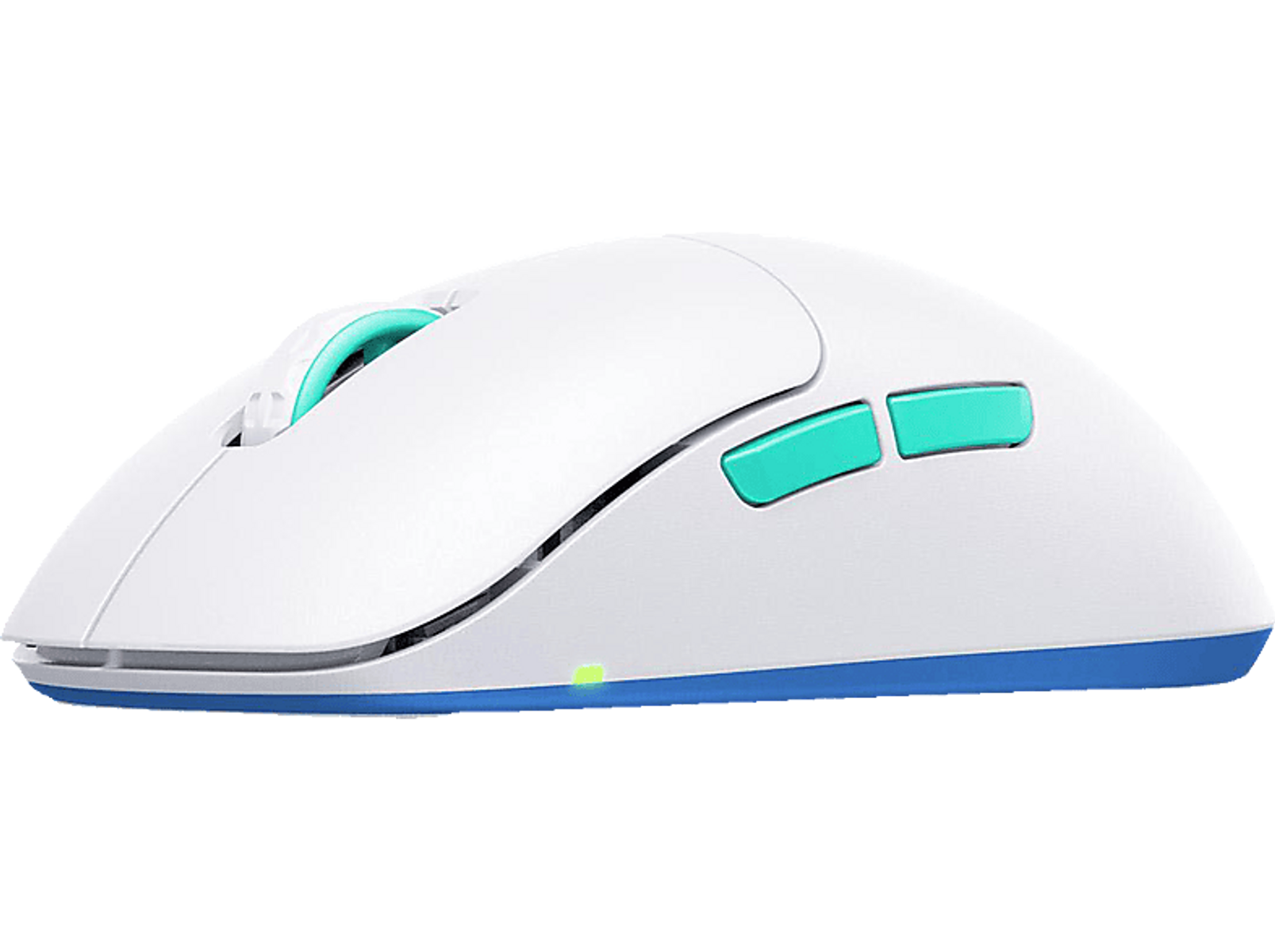 Witte draadloze muis met teal en blauwe accenten, verschillende knoppen en een groen licht.