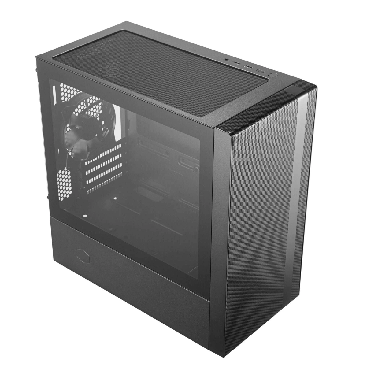 Black computer case. Glass side panel. Air vents on the side and top. Modern design.