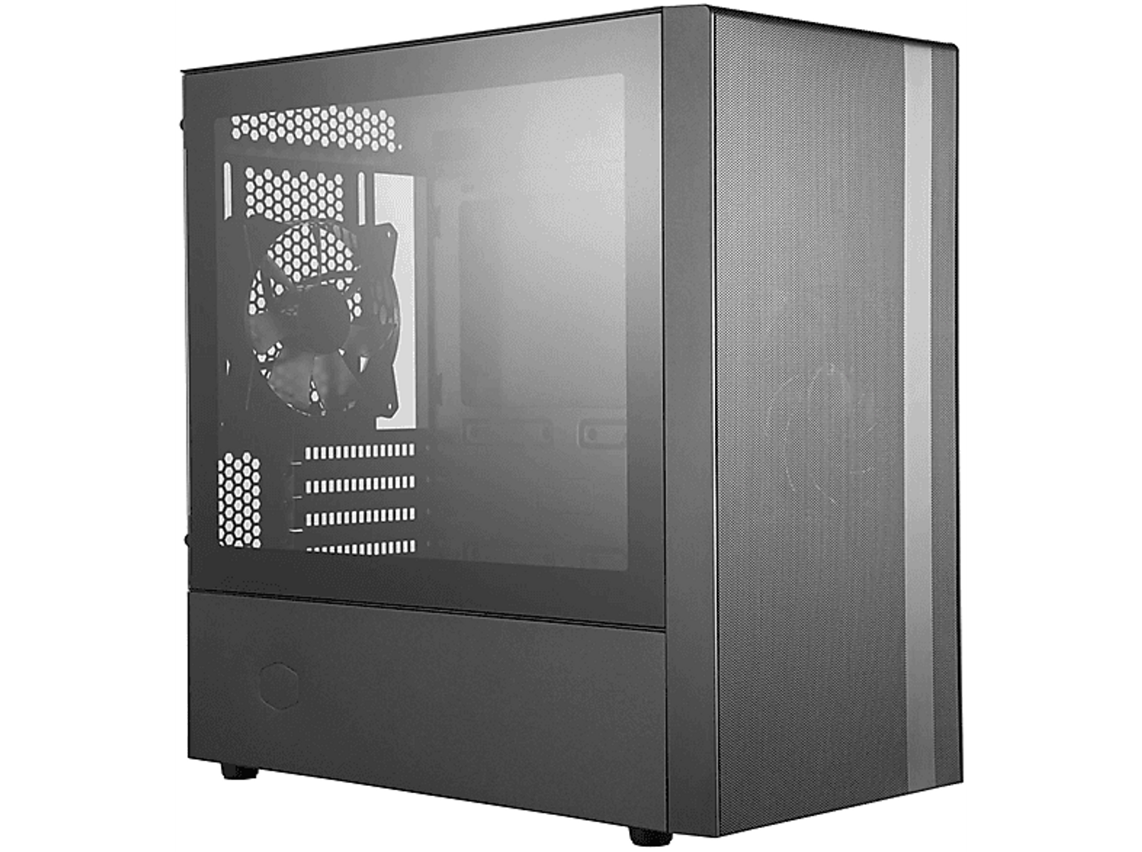 A black computer case with a glass side panel. A fan is visible inside. The case has a sleek, modern design.