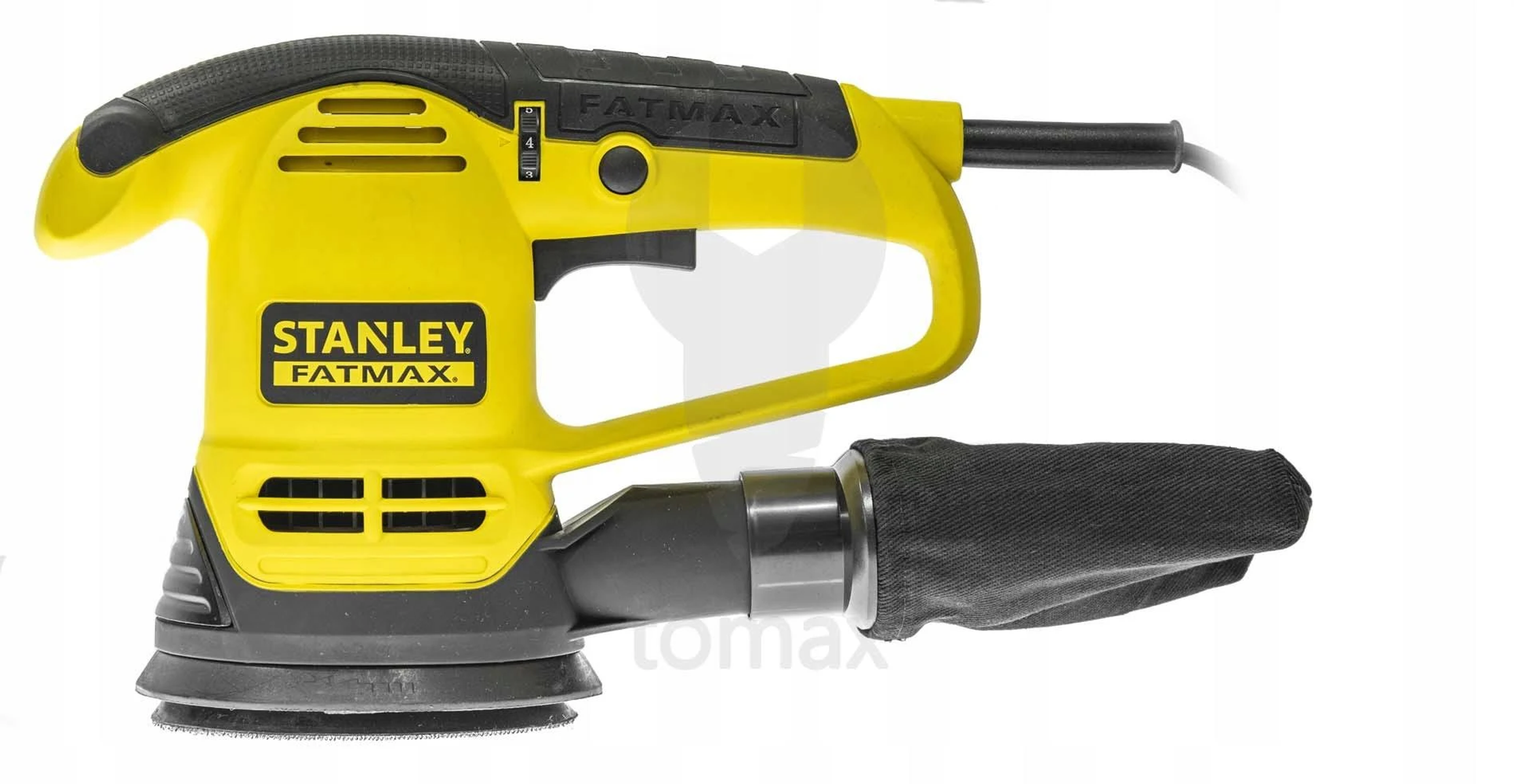 Gelb-schwarzer Stanley Fatmax Schleifer mit schwarzem Staubbeutel. Weißer Hintergrund.