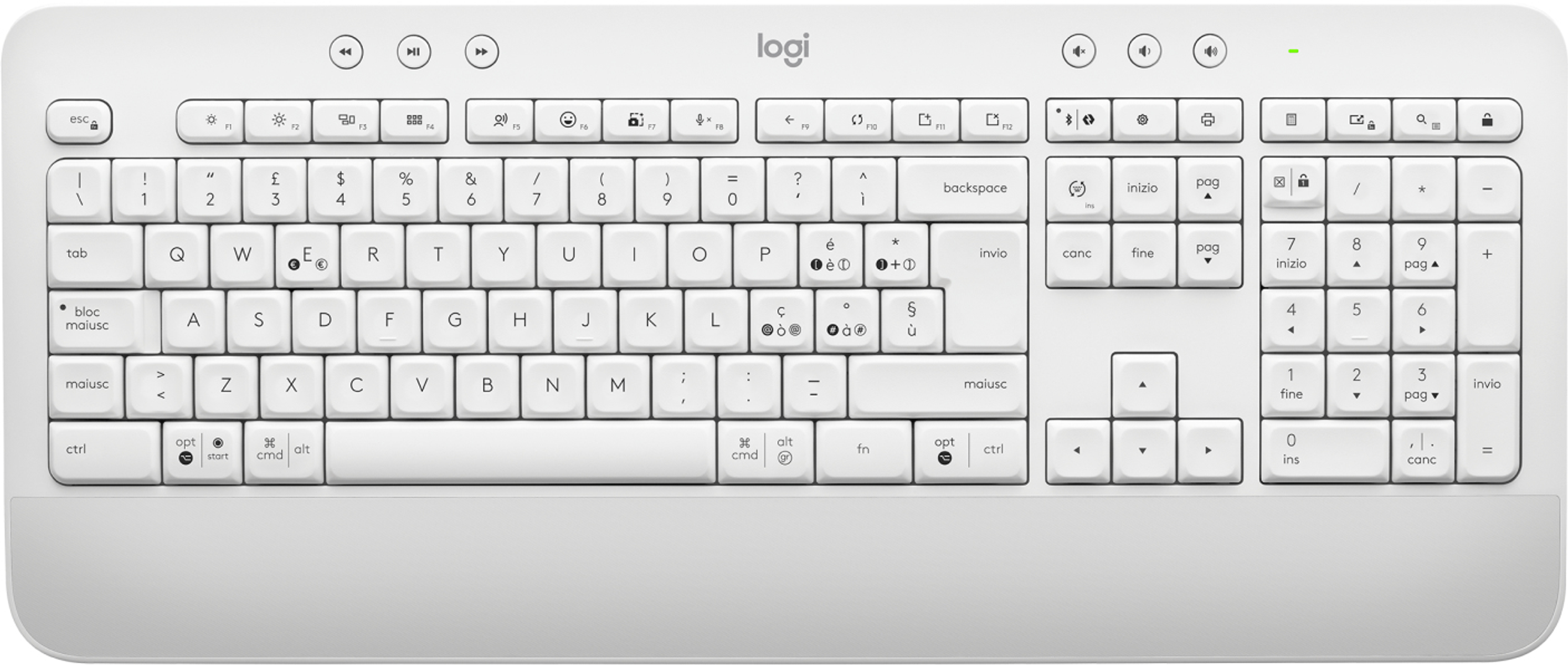 Weiße Logi-Tastatur mit vielen Tasten. Zahlen, Buchstaben und Sonderfunktionen sind sichtbar.