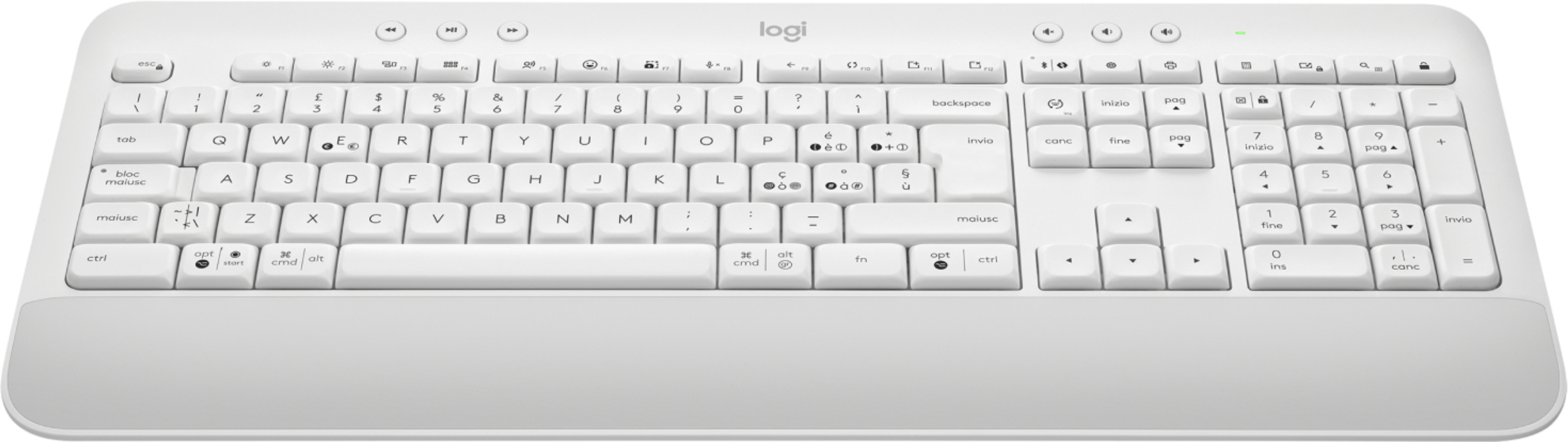 Weiße Logitech-Tastatur mit Tasten und Handauflage. Der Hintergrund ist weiß.