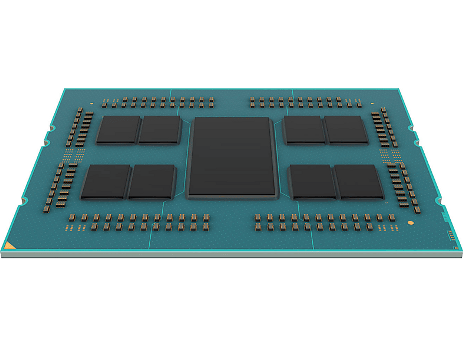 Nahaufnahme eines Mikrochips mit mehreren schwarzen Quadraten und goldenen Anschlüssen auf einer blaugrünen Leiterplatte.
