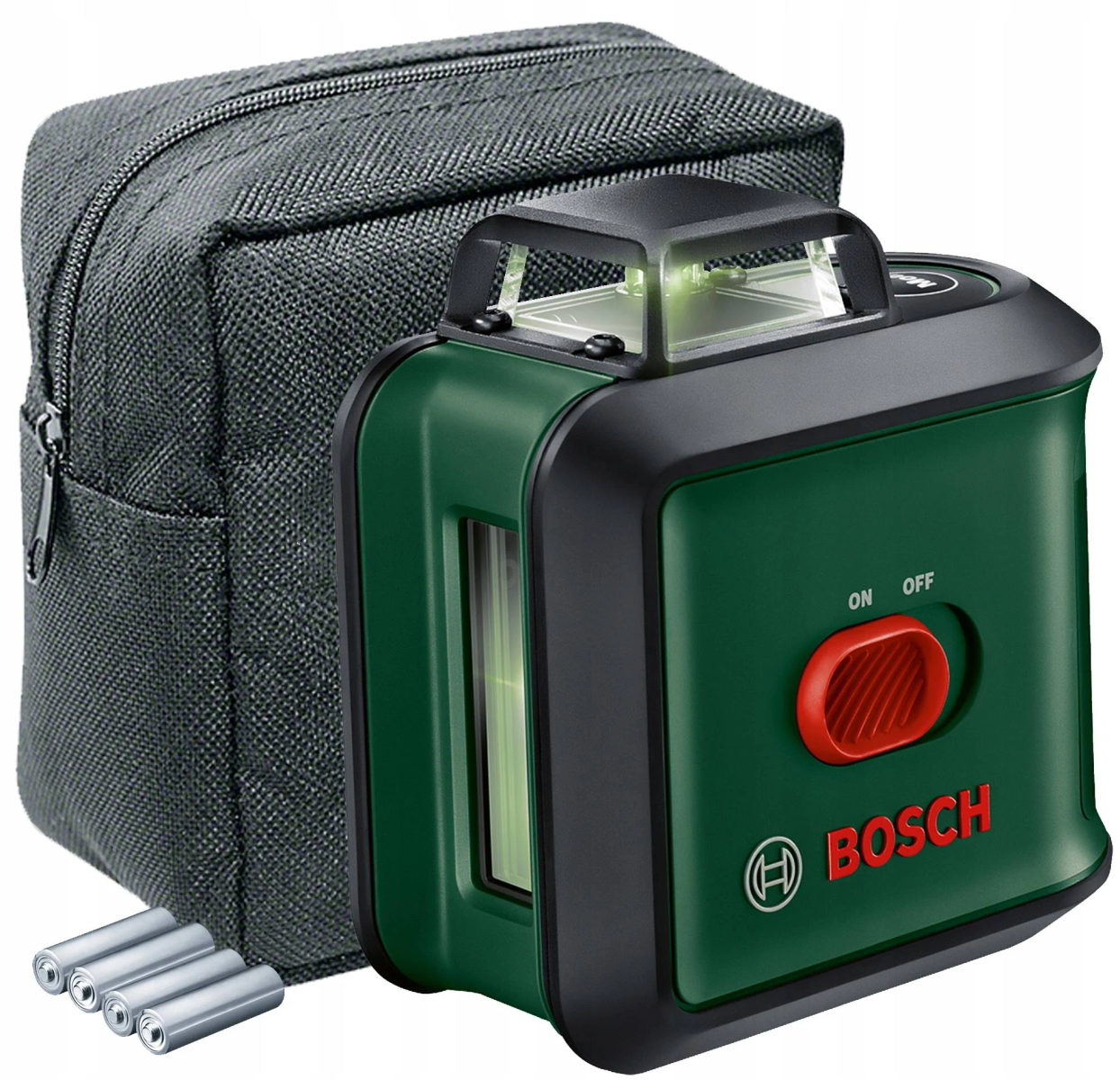 Yeşil ve siyah Bosch lazer seviyesi. Gri bir taşıma çantası ve bazı piller içerir.