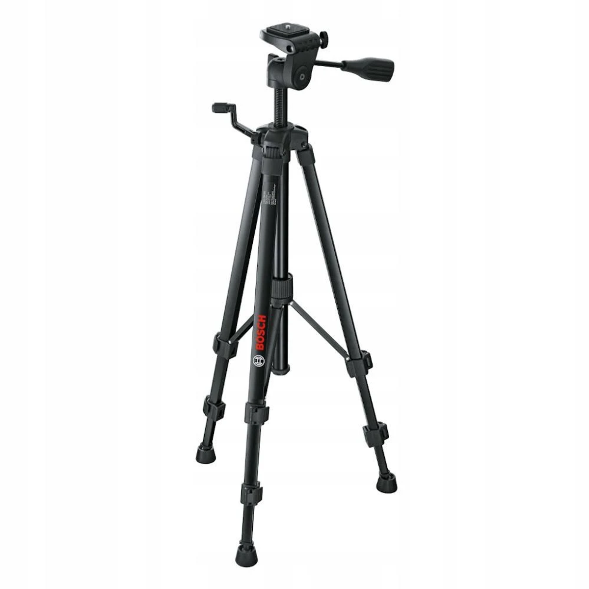 Siyah Bosch tripod, ayarlanabilir ayaklar, kafa ve tutamak ile beyaz bir yüzey üzerinde duruyor.