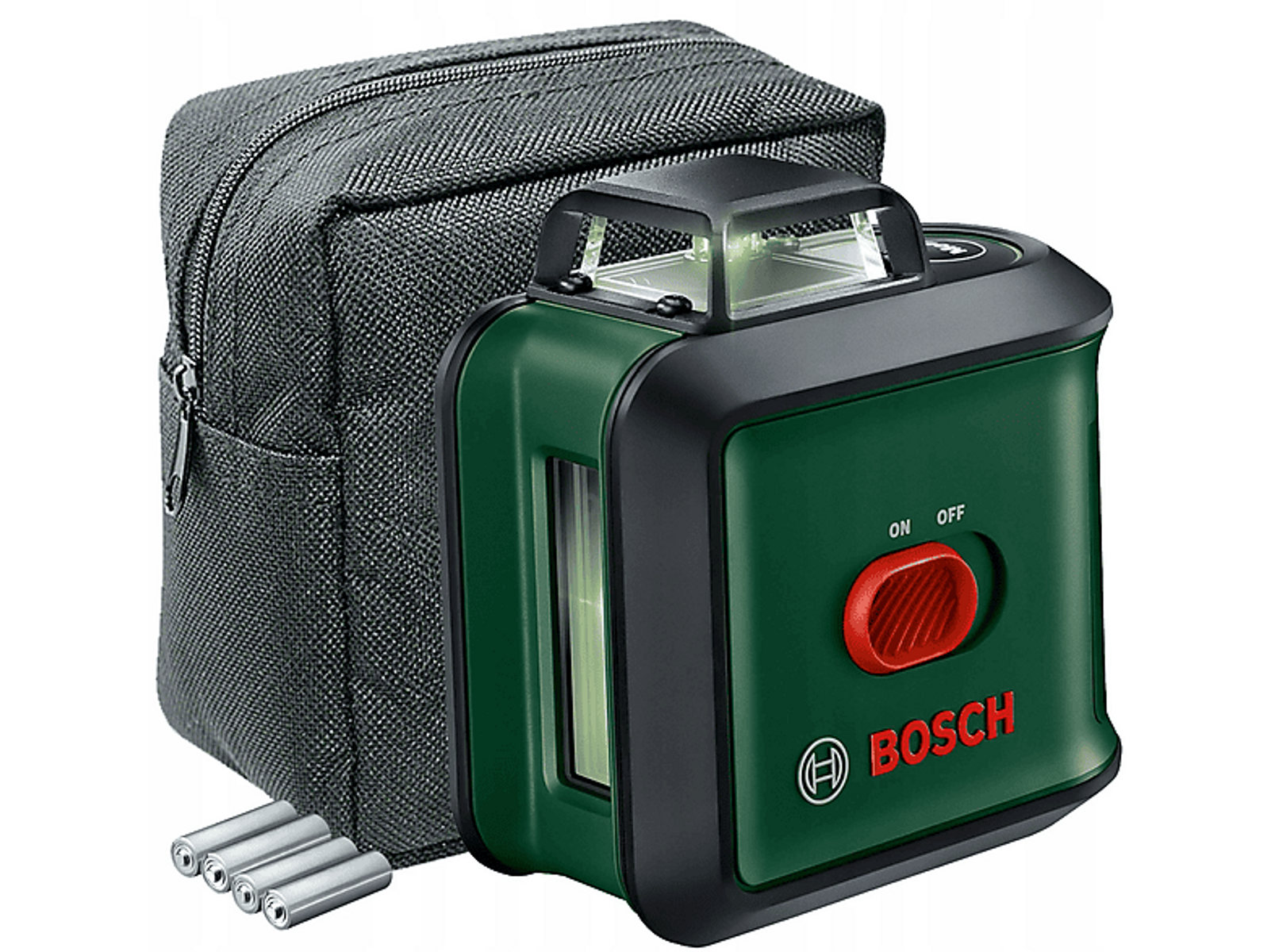 Koyu yeşil Bosch lazer seviyesi, kılıf ve pillerle. Açma/kapama düğmesi var.