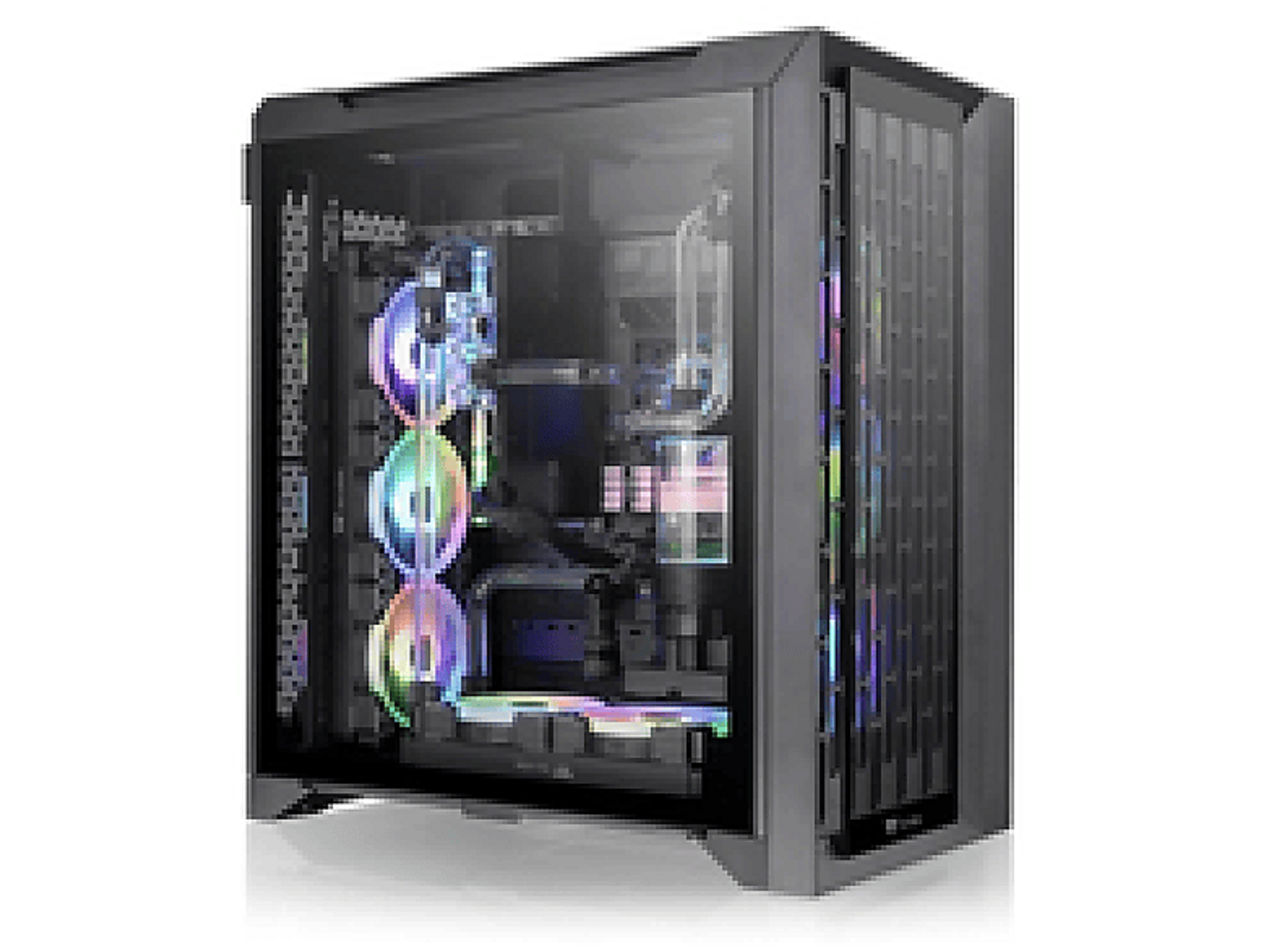 Ein PC-Gehäuse mit Glasplatten, mit farbigen Lichtern im Inneren.