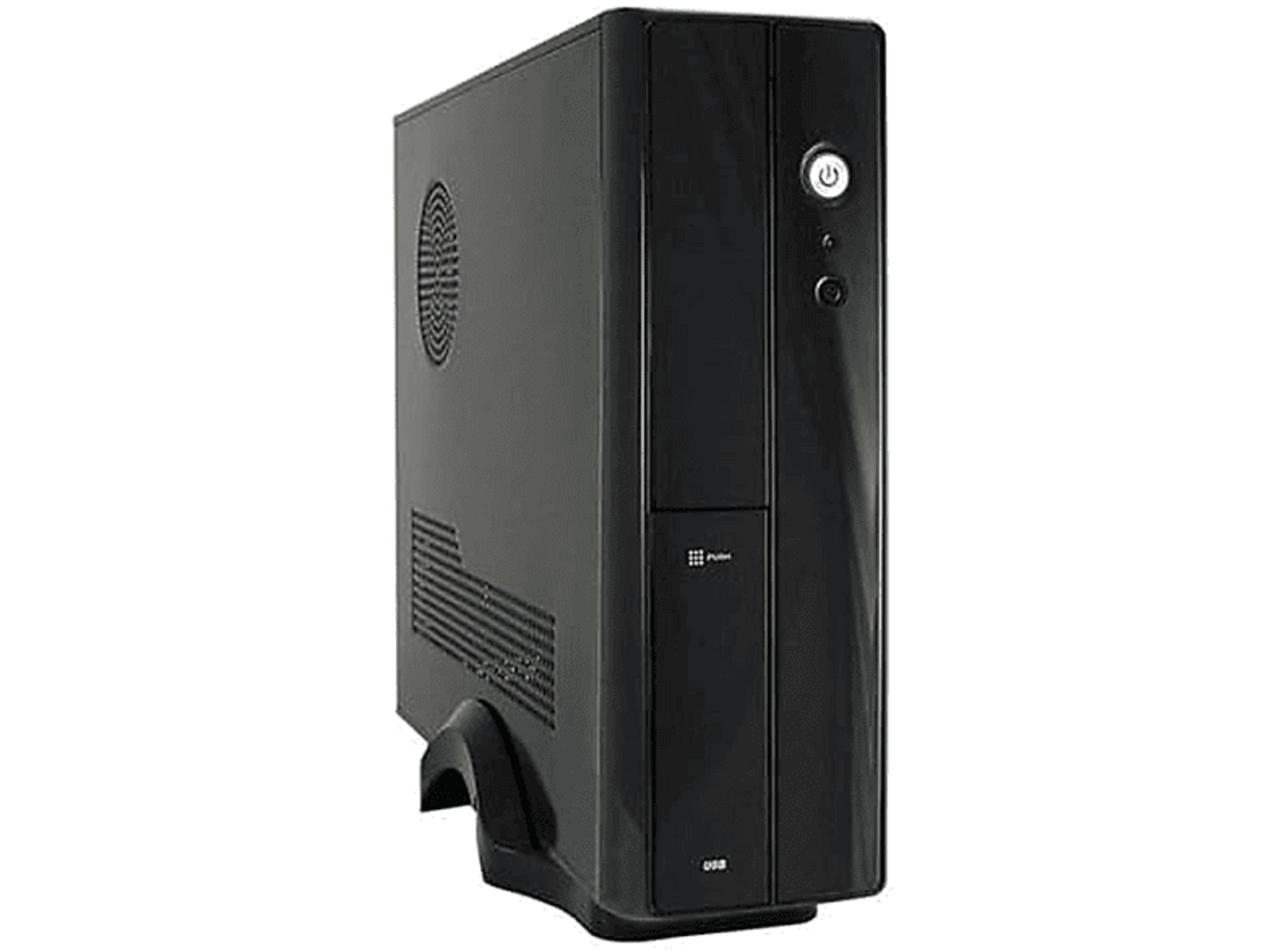 Case per computer nero con ventilazione laterale arrotondata e pulsante di accensione. Porta USB visibile.