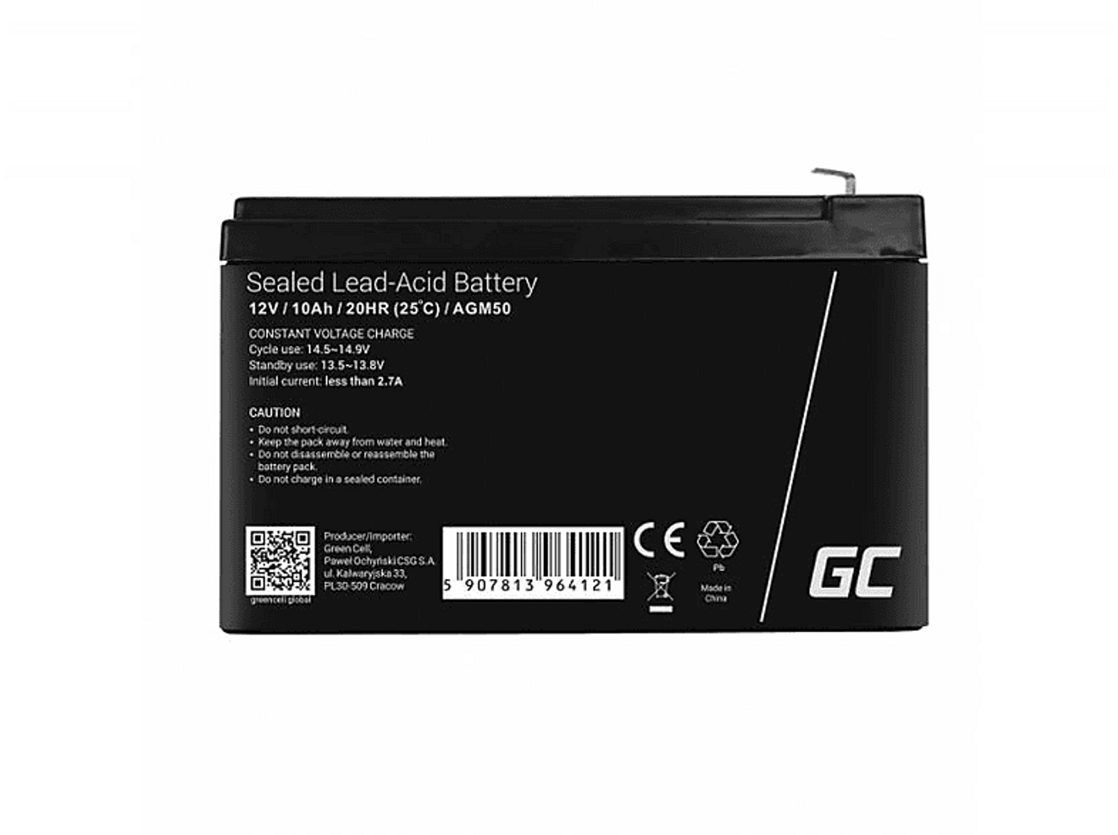 Paquete de batería negro con texto y símbolos, incluyendo un código QR y el logo GC.