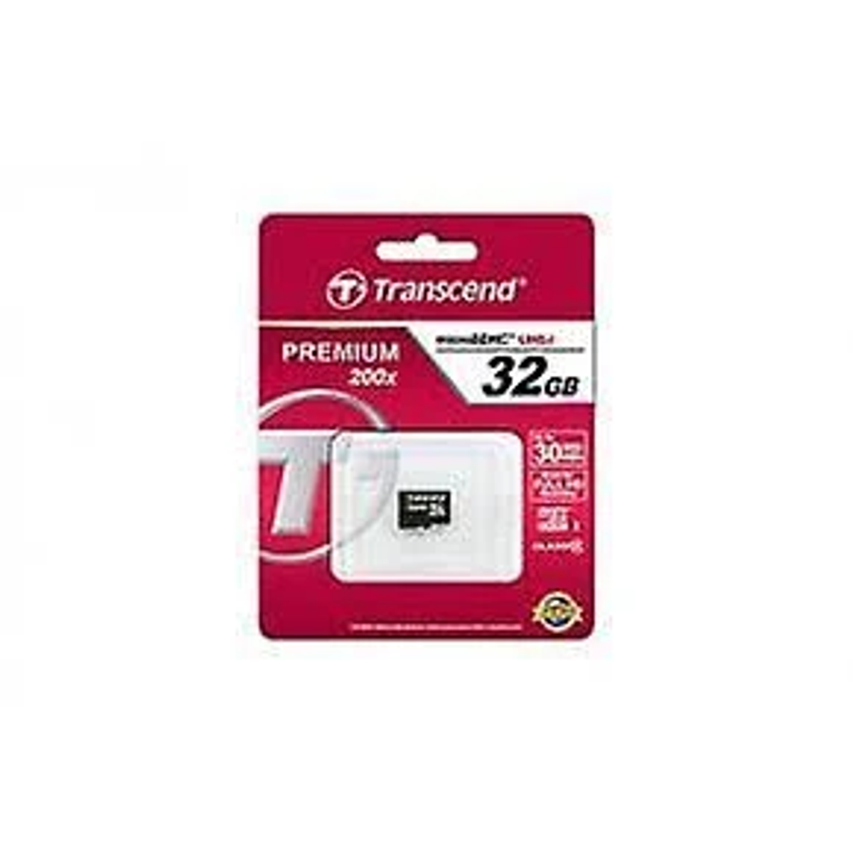 Transcend 32GB SD-Kartenverpackung. Rotes und weißes Design, Produktinfo.